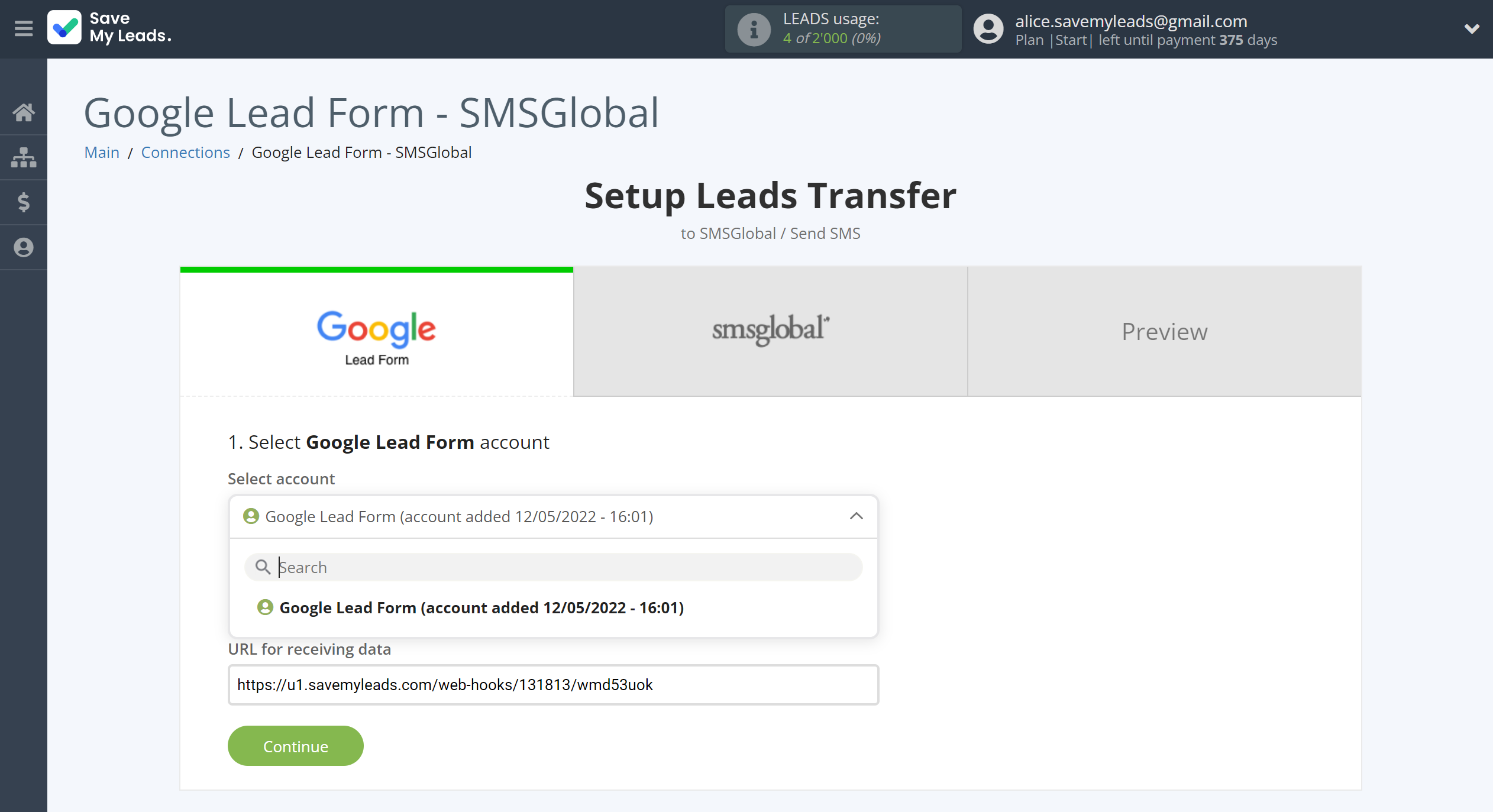 How to Connect Google Lead Form with SMSGlobal | Data Source account selection