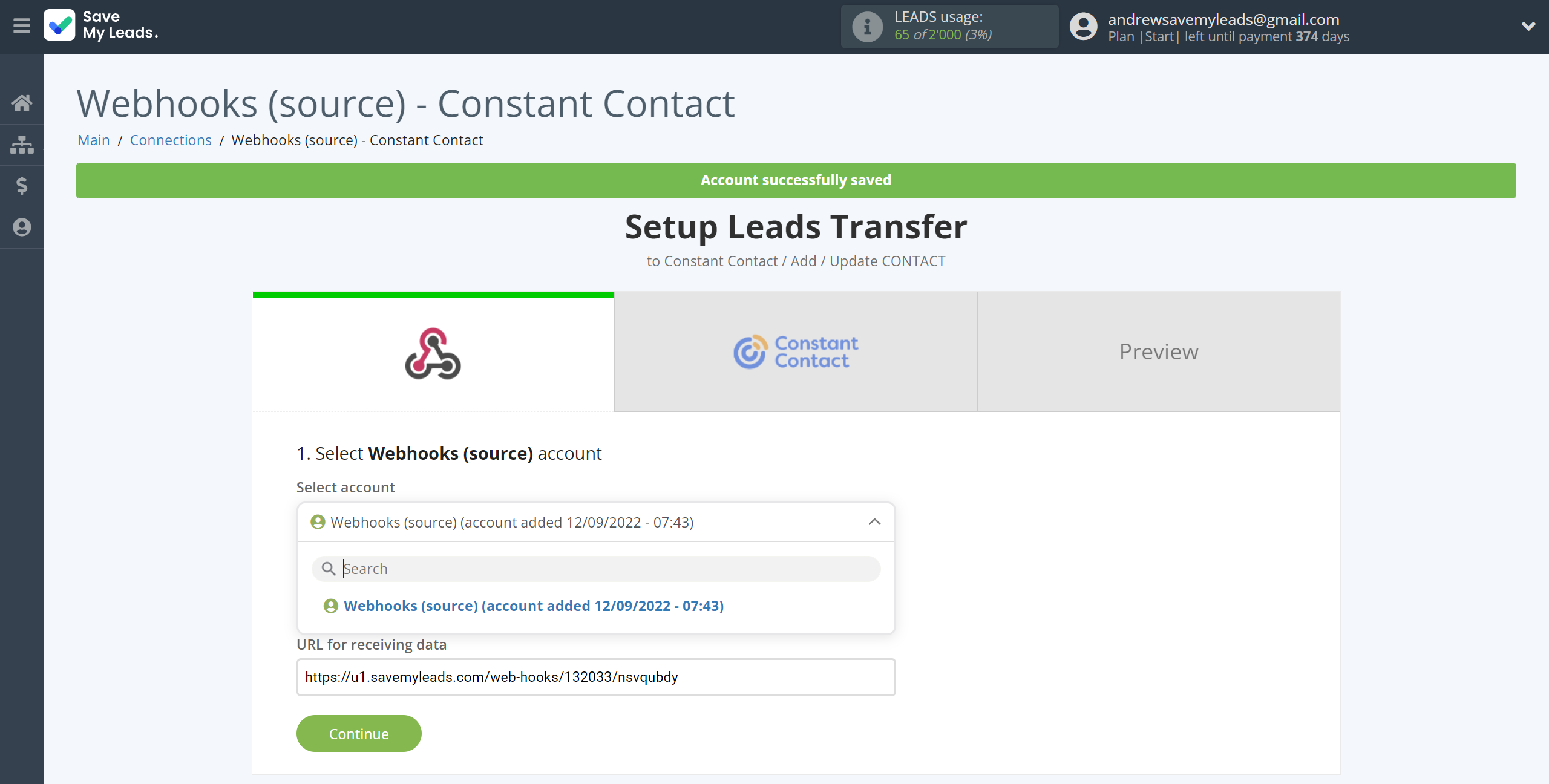 How to Connect Webhooks with Constant Contact | Data Source account selection