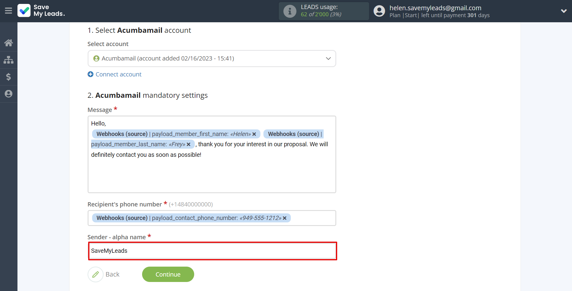 How to Connect Webhooks with Acumbamail Send SMS | Assigning fields