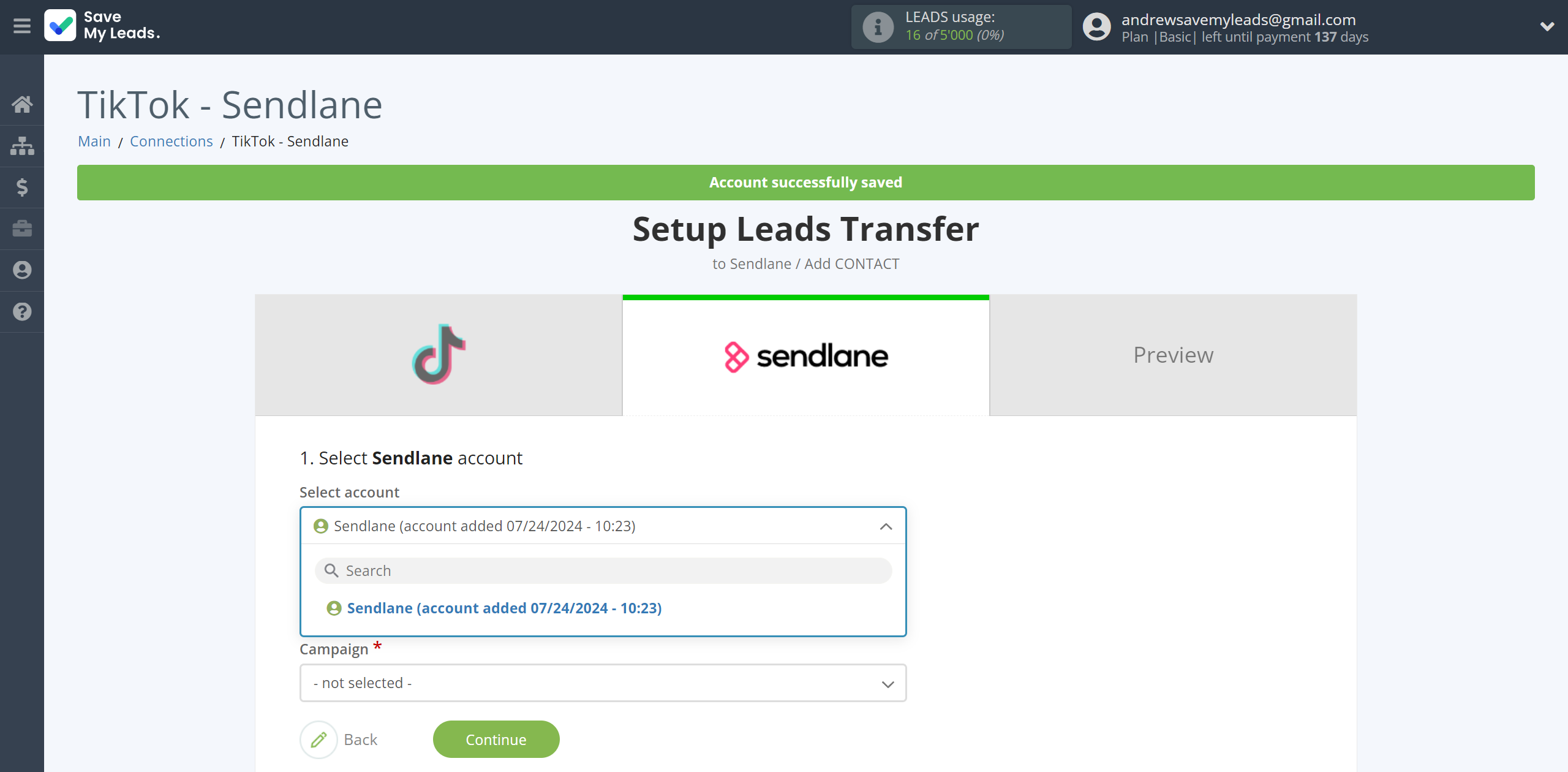 How to Connect TikTok with Sendlane Add Contacts | Data Destination account selection