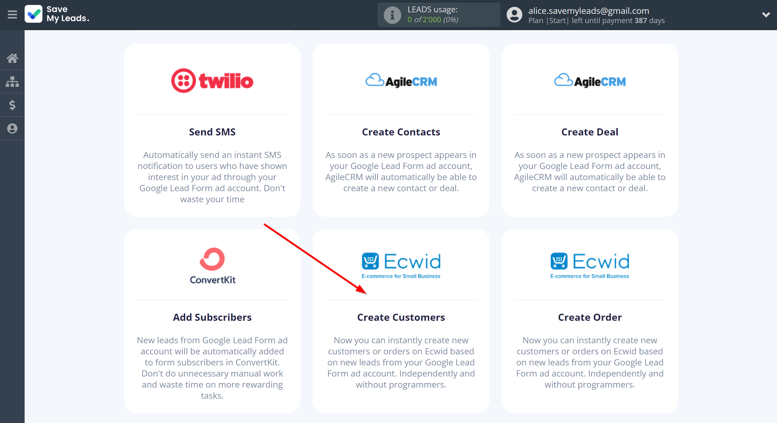 How to Connect Google Lead Form with Ecwid Create Customers | Data Destination system selection