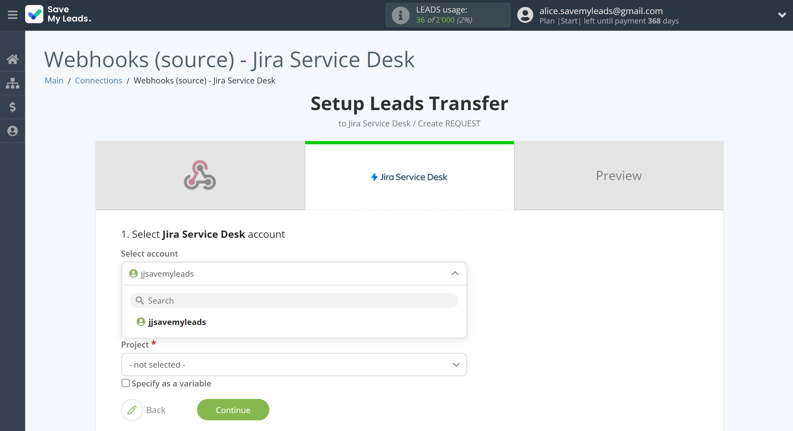 How to Connect Webhooks with Jira Service Management | Data Destination account selection