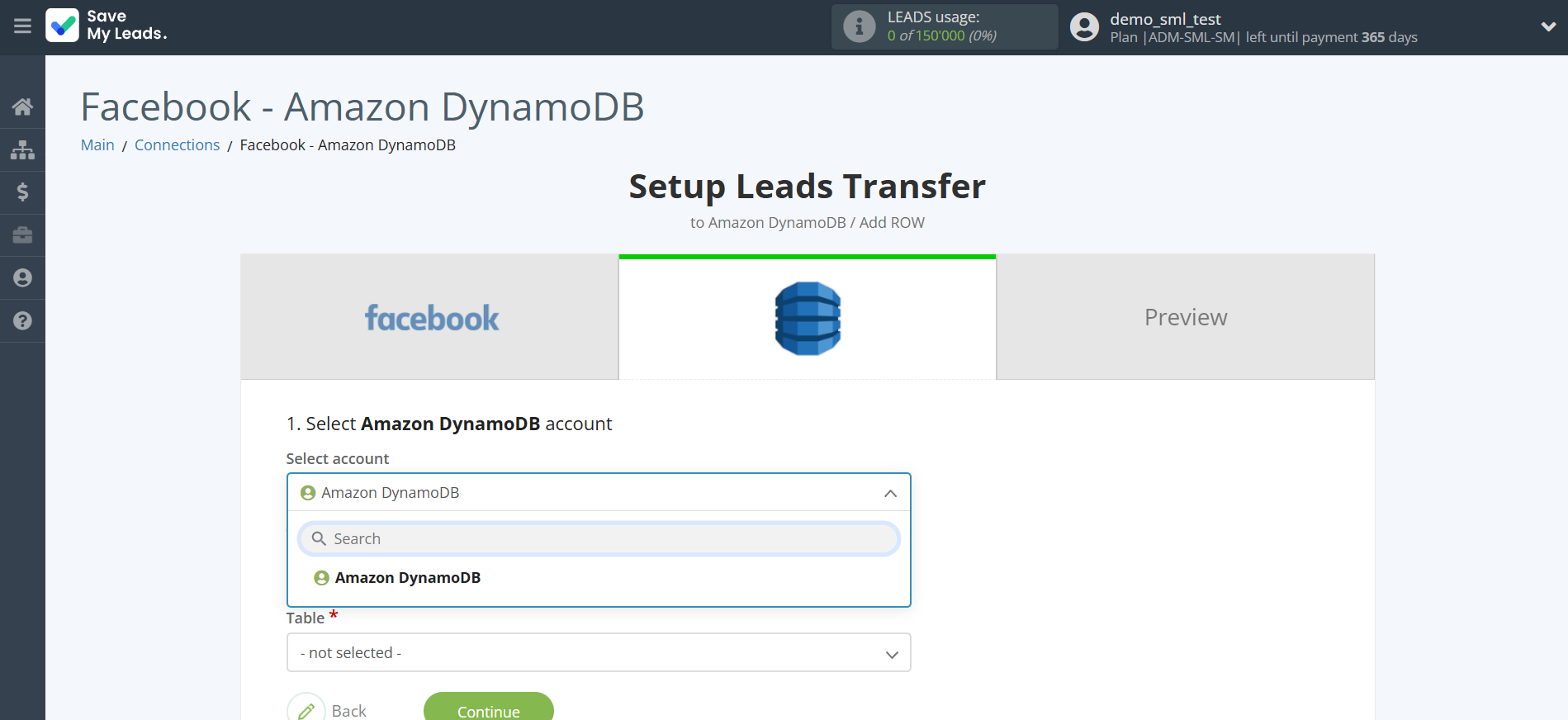 How to Connect Facebook with Amazon DynamoDB | Data Destination account selection