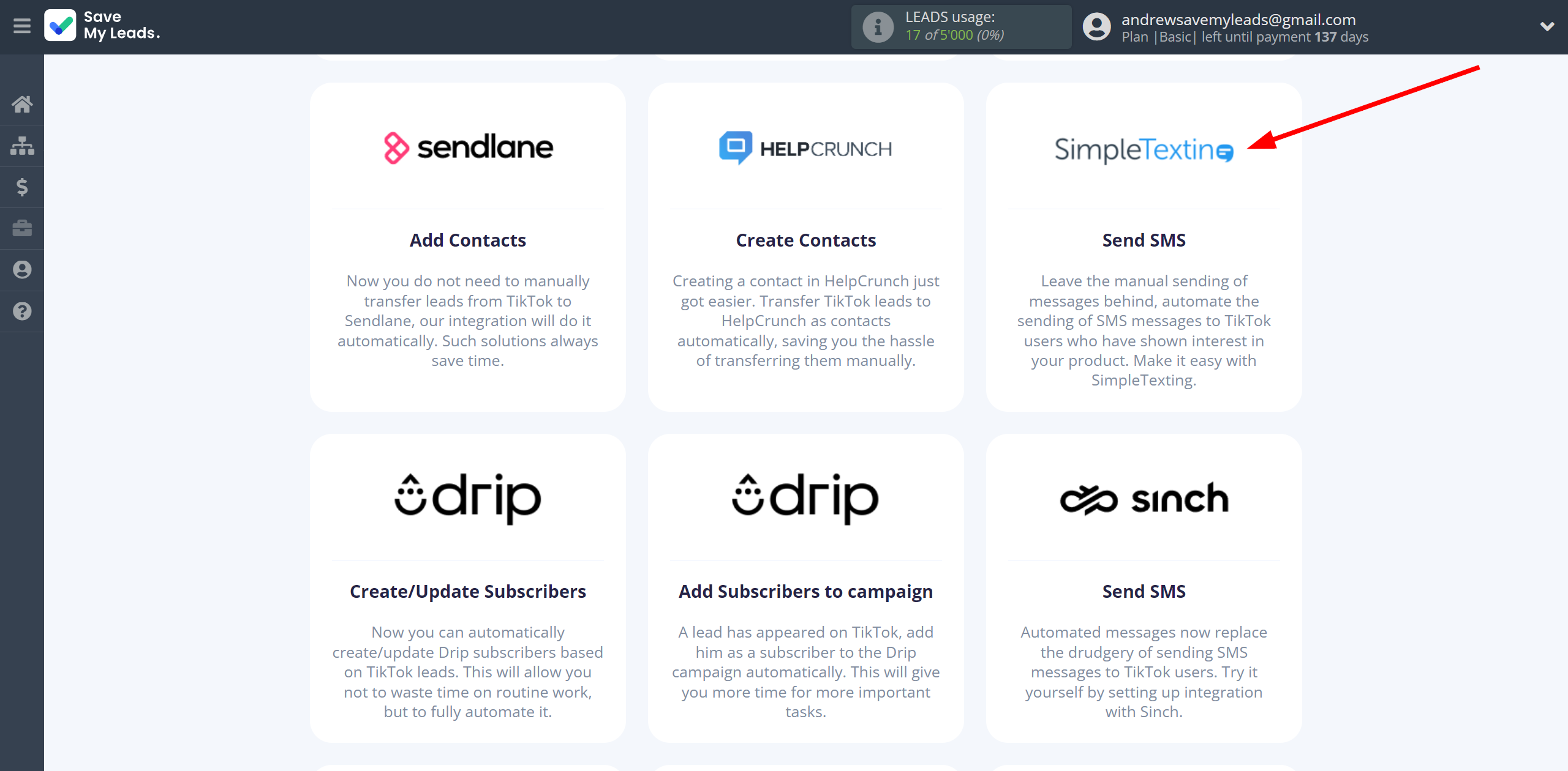 How to ConnectTikTok with SimpleTexting | Data Destination system selection