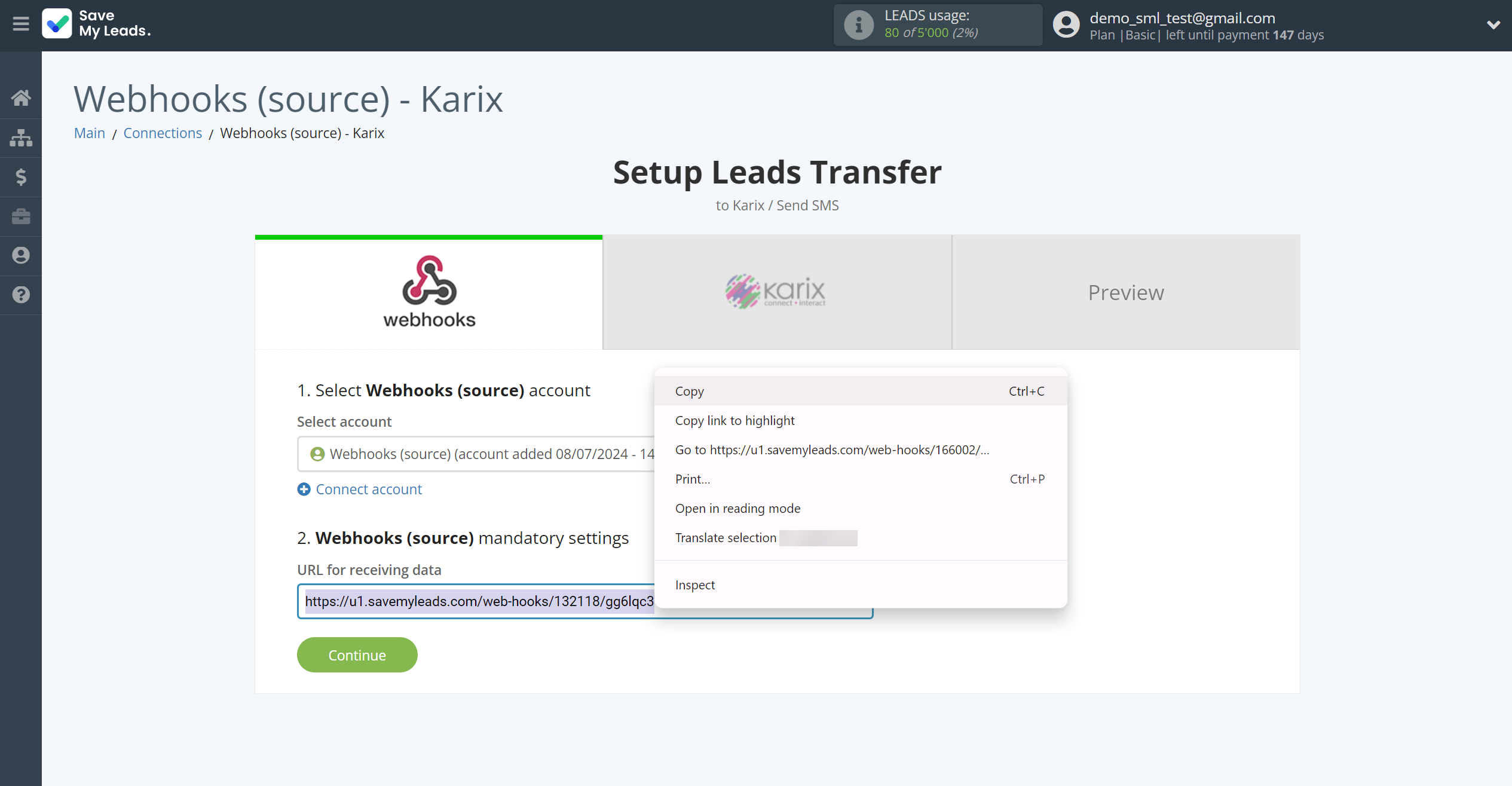 How to Connect Webhooks with Karix | Data Source account selection