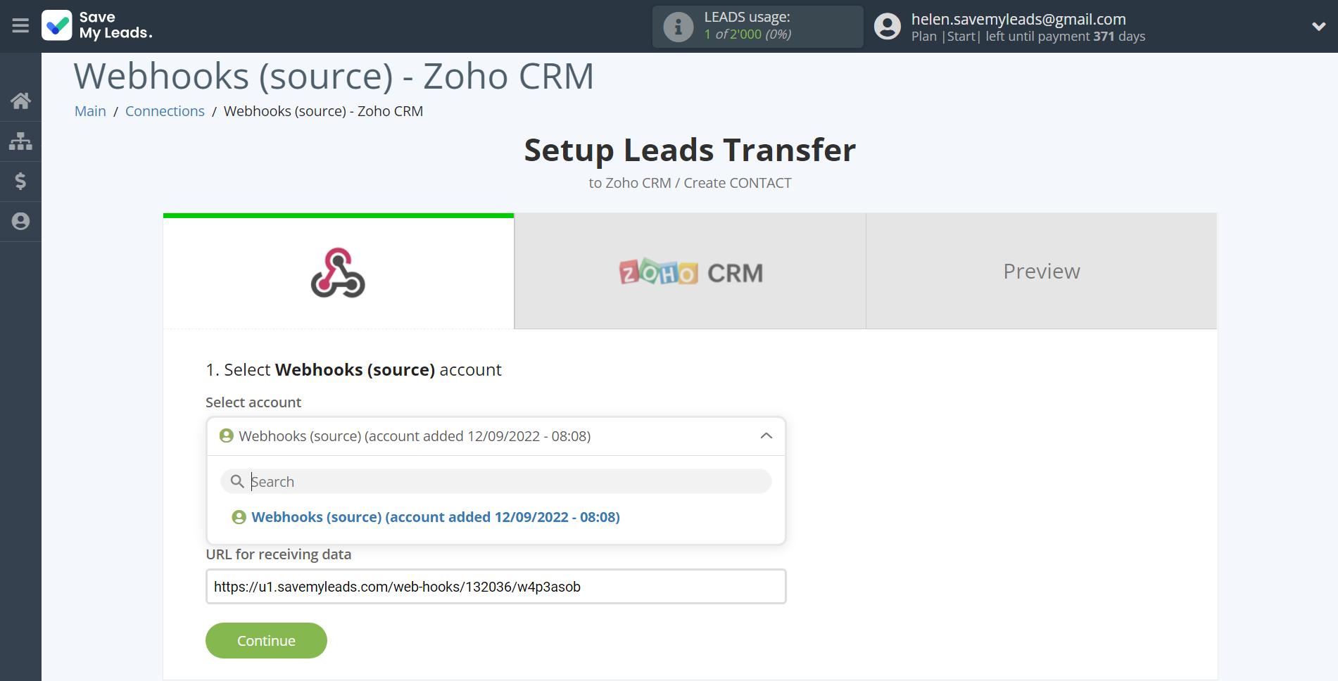 How to Connect Webhooks with Zoho CRM Create Contacts | Data Source account selection