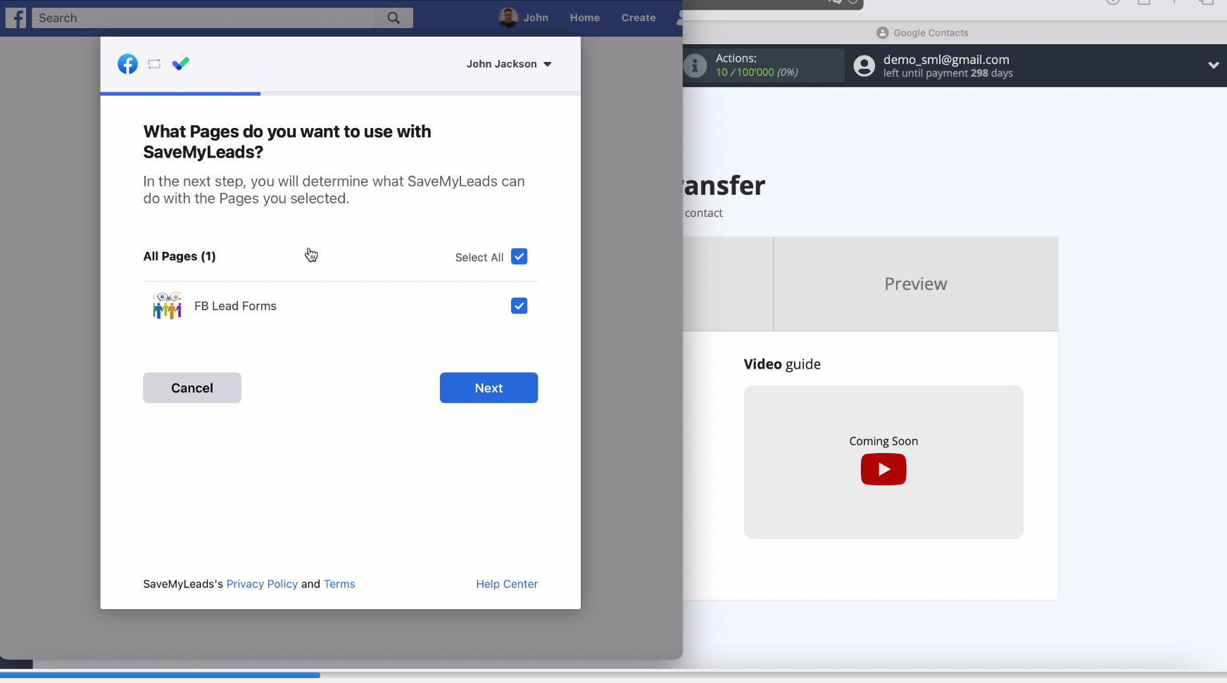 Facebook and Google Contacts integration | Select the pages