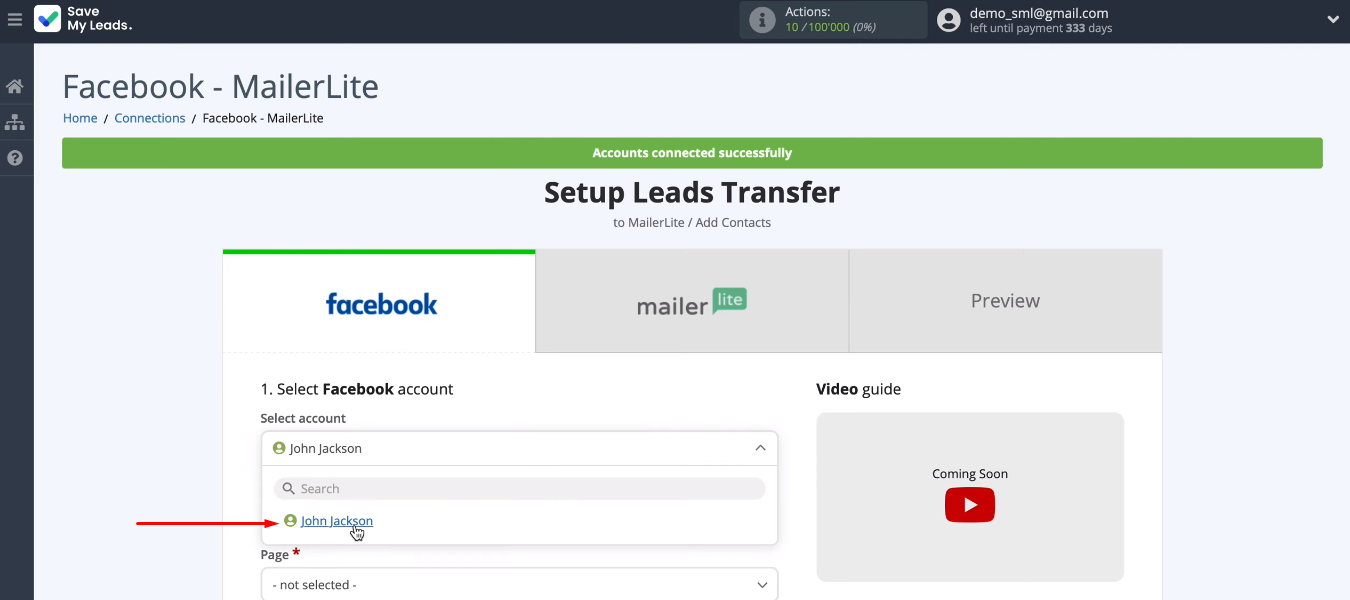 Facebook and MailerLite integration | Select Facebook account Facebook and MailerLite integration | Select Facebook account