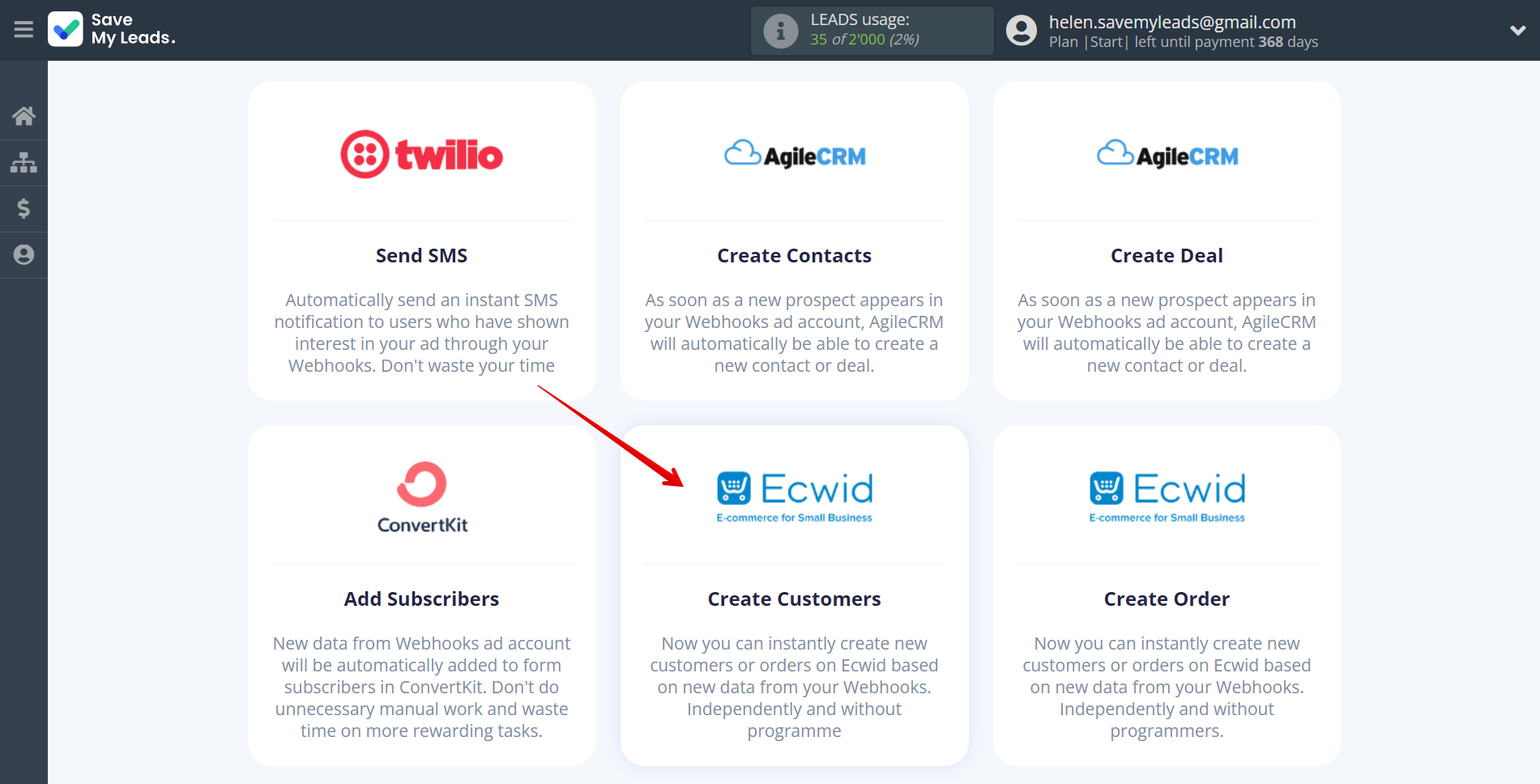 How to Connect Webhooks with Ecwid Create Customers | Data Destination system selection