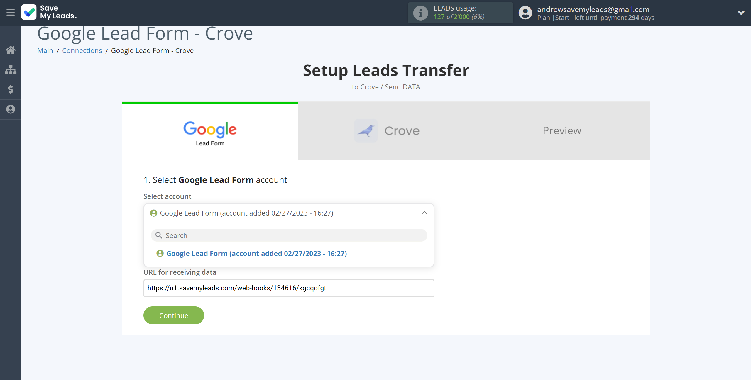 How to Connect Google Lead Form with Crove | Data Source account selection