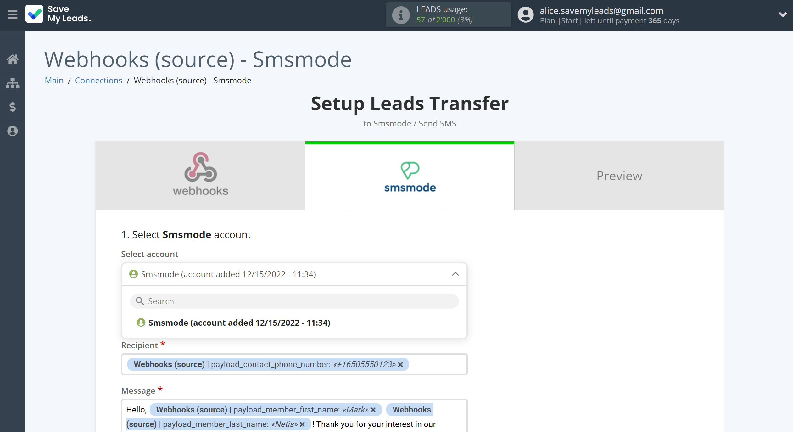 How to Connect Webhooks with Smsmode | Data Destination account selection