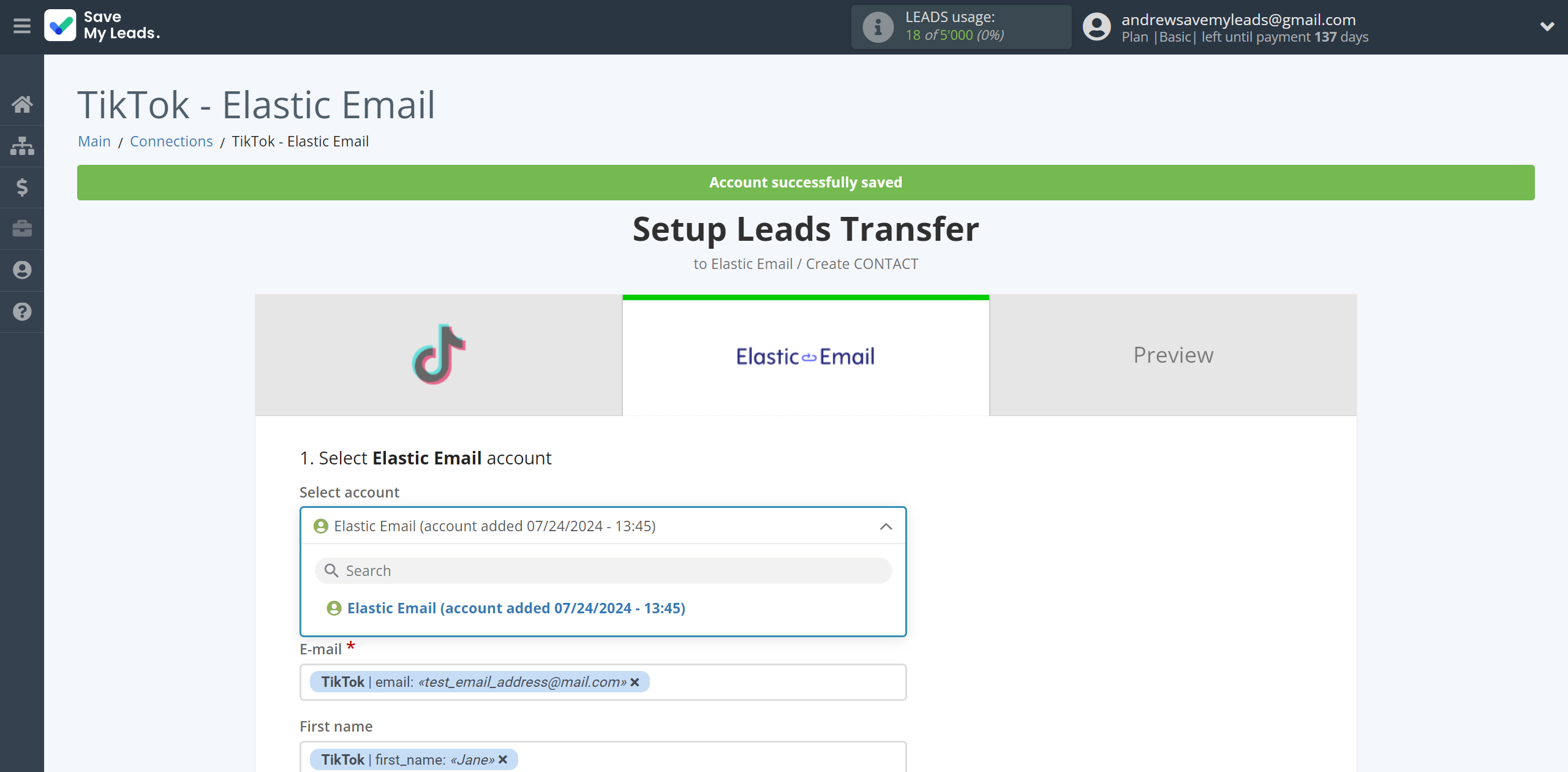 How to Connect TikTok with Elastic Email Create Contacts | Data Destination account selection