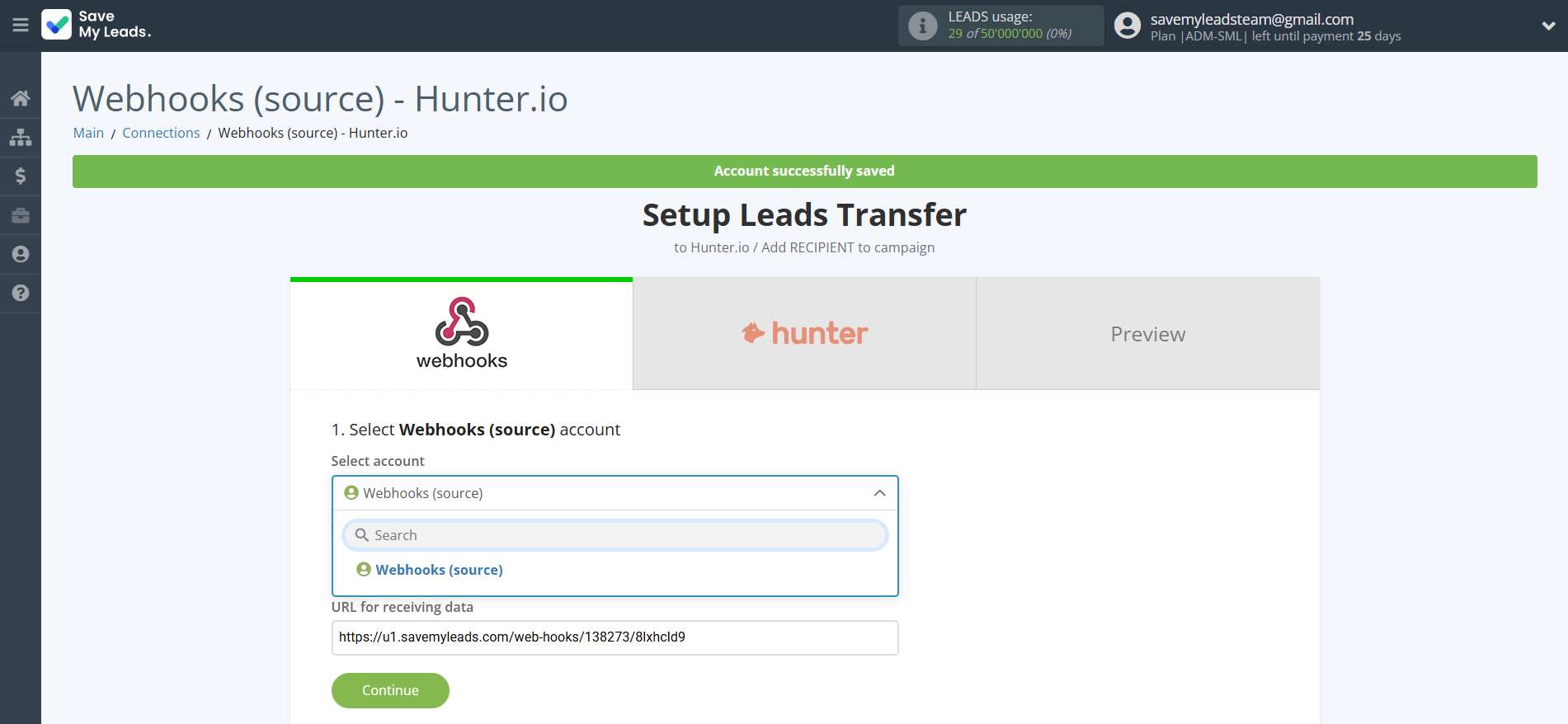 How to Connect Webhooks with Hunter.io Create Contact | Data Source account selection