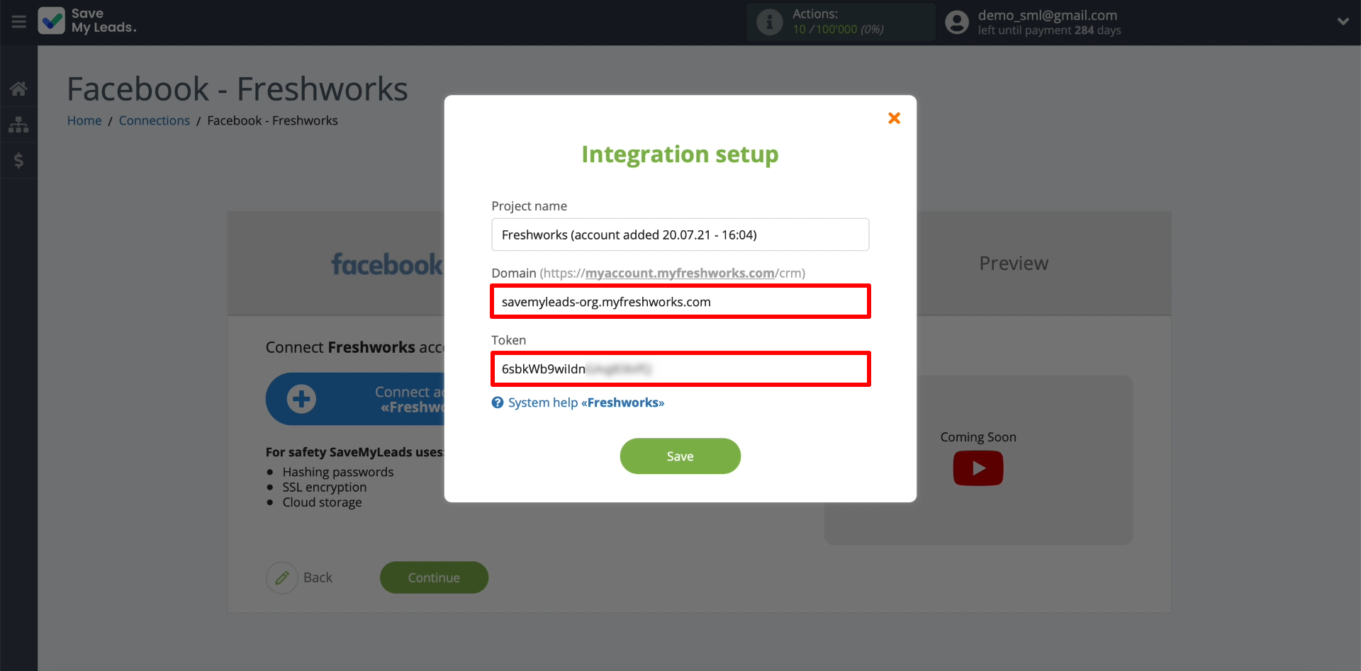 Facebook and Freshworks integration | Copied key into the "Domain" field Facebook and Freshworks integration | Copied key into the "Domain" field