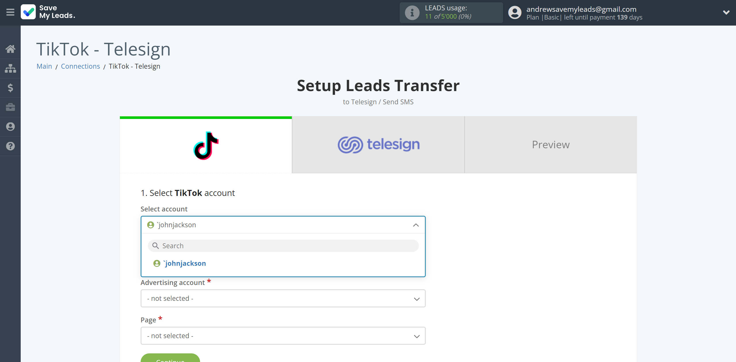 How to Connect TikTok with Telesign | Data Source account selection