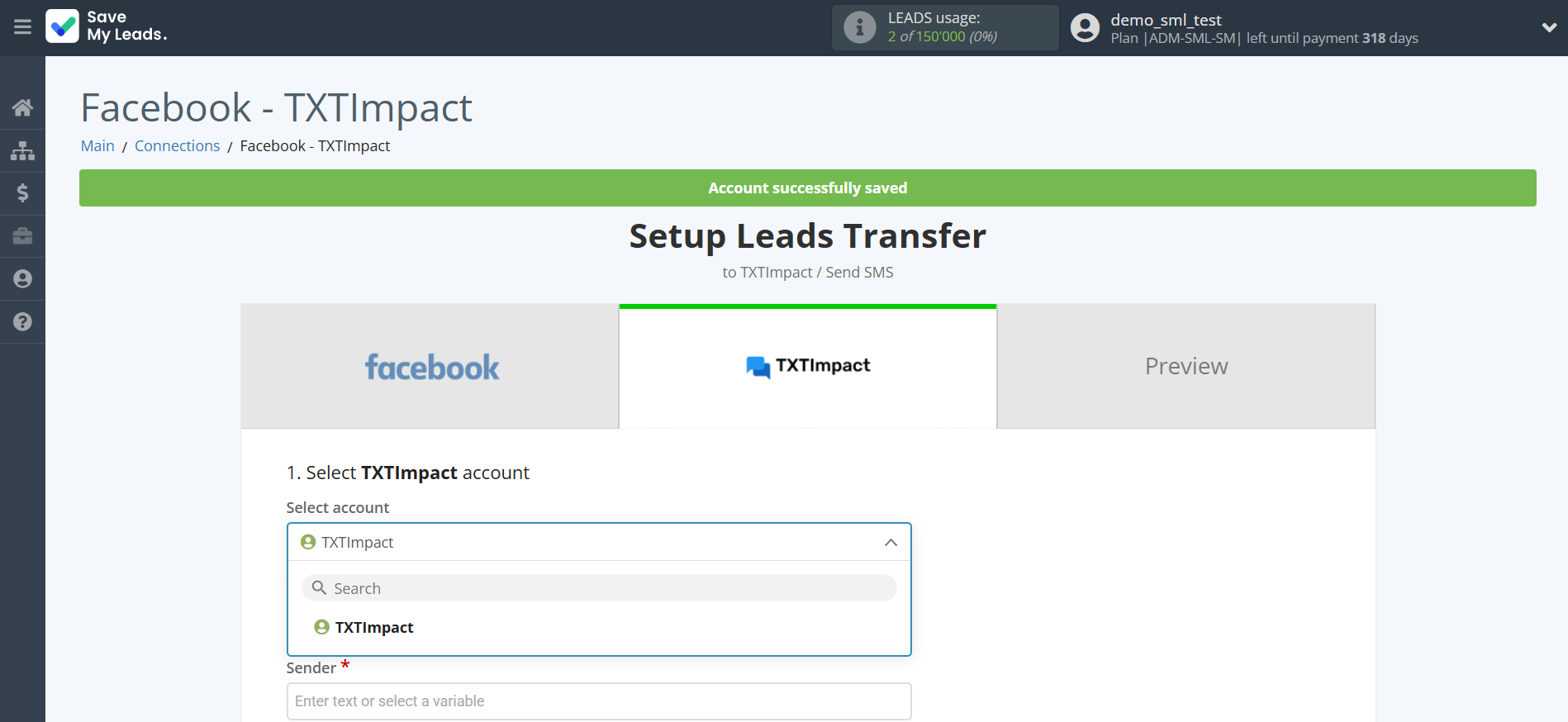 How to Connect Facebook with TXTImpact | Data Destination account selection How to Connect Facebook with TXTImpact | Data Destination account selection
