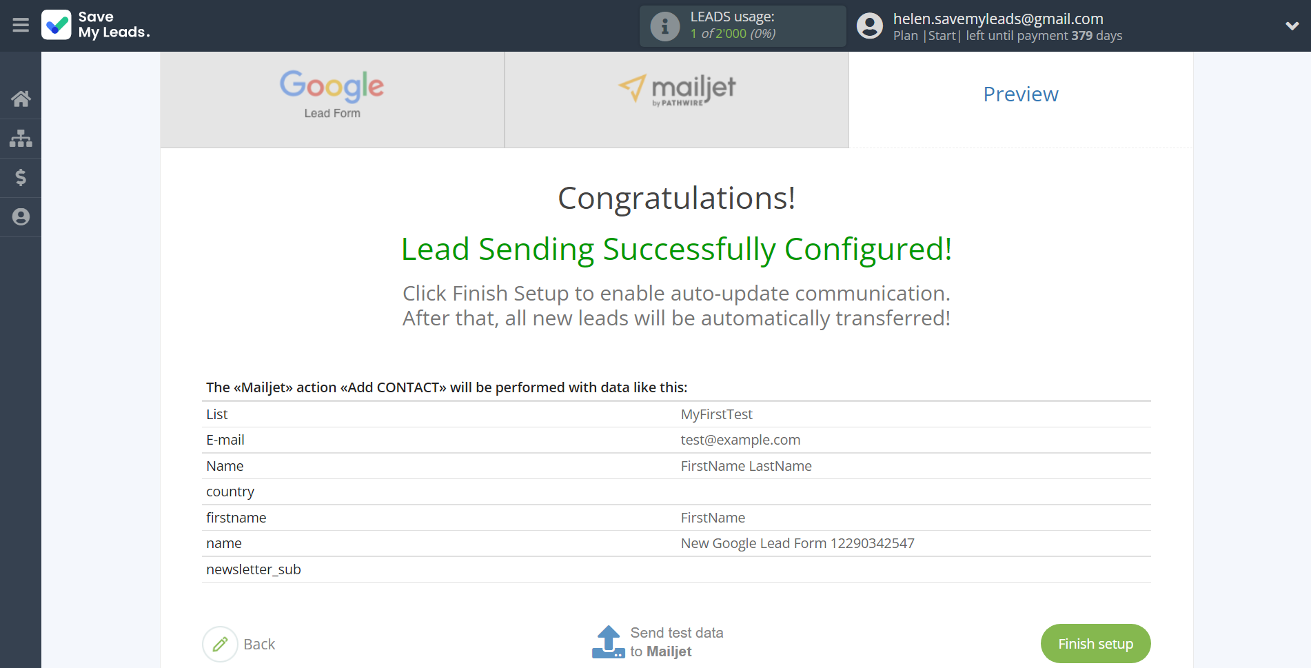 How to Connect Google Lead Form with Mailjet | Test data