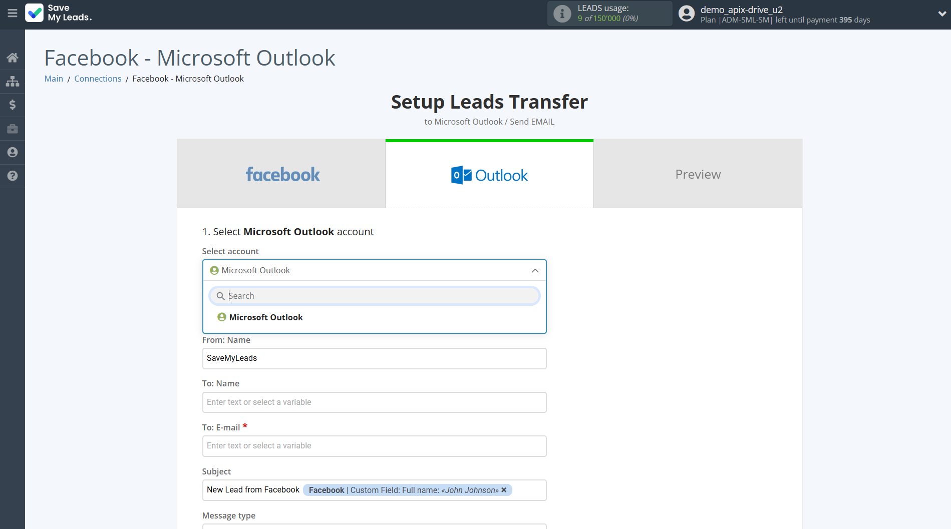 How to Connect Facebook with Microsoft Outlook | Data Destination account selection How to Connect Facebook with Microsoft Outlook | Data Destination account selection