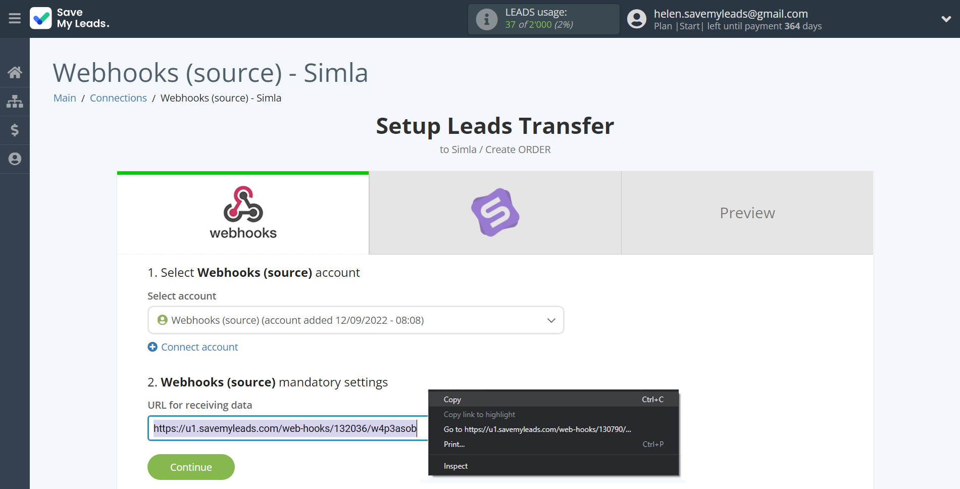 How to Connect Webhooks with Simla Create Order | Data Source account connection