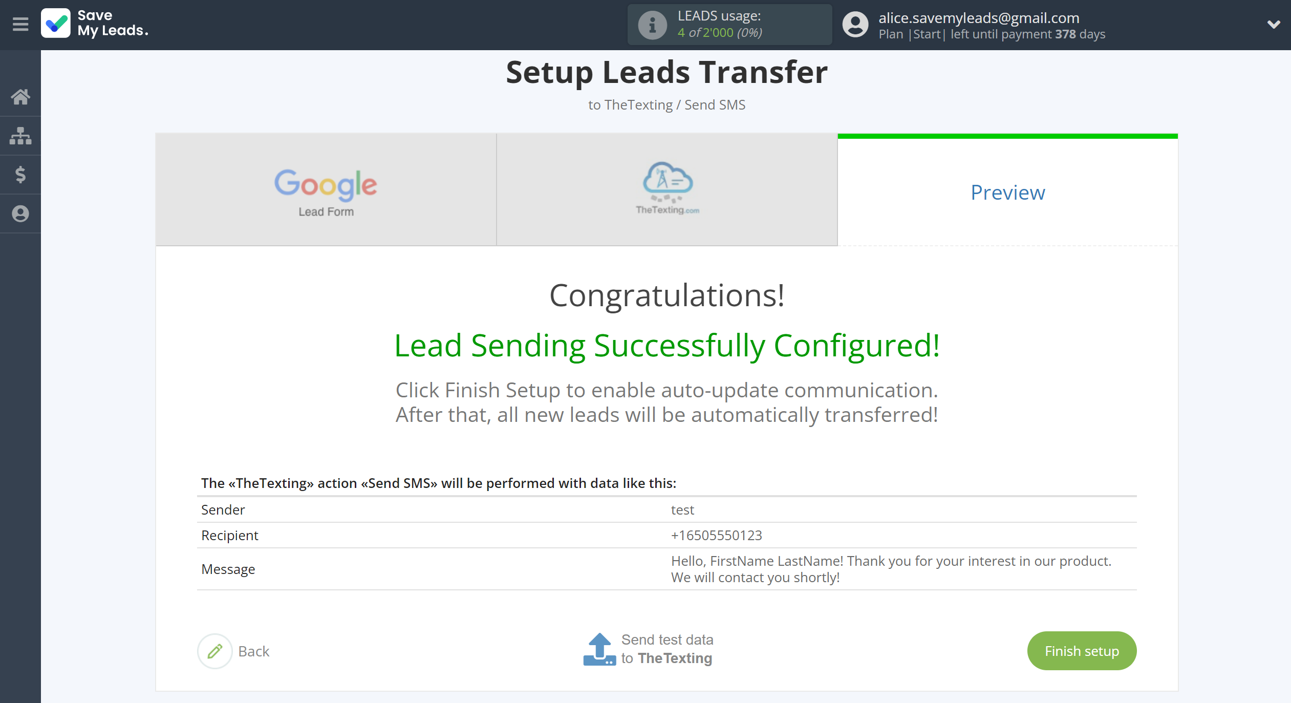 How to Connect Google Lead Form with TheTexting | Test data