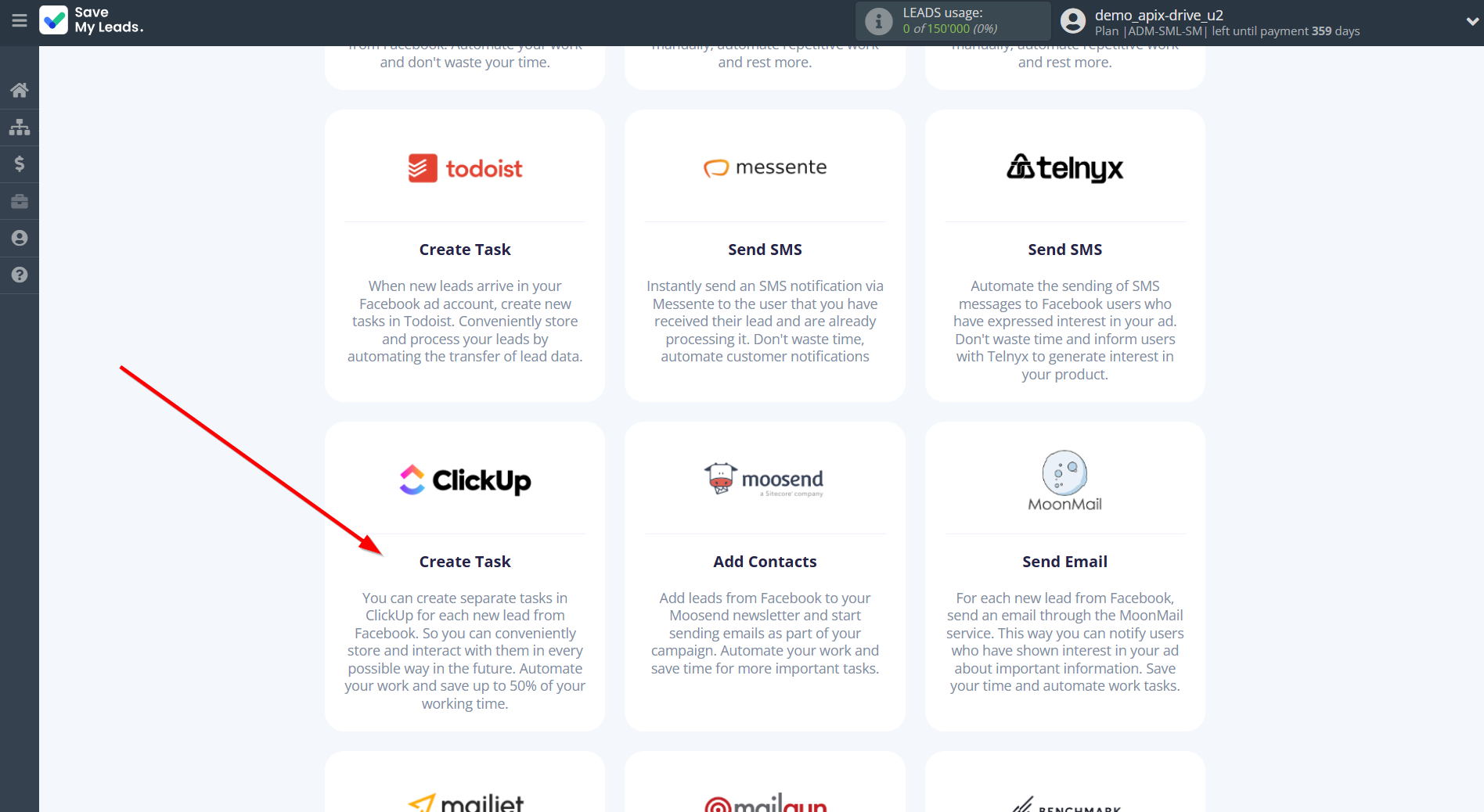 How to Connect Facebook with ClickUp | Data Destination system selection