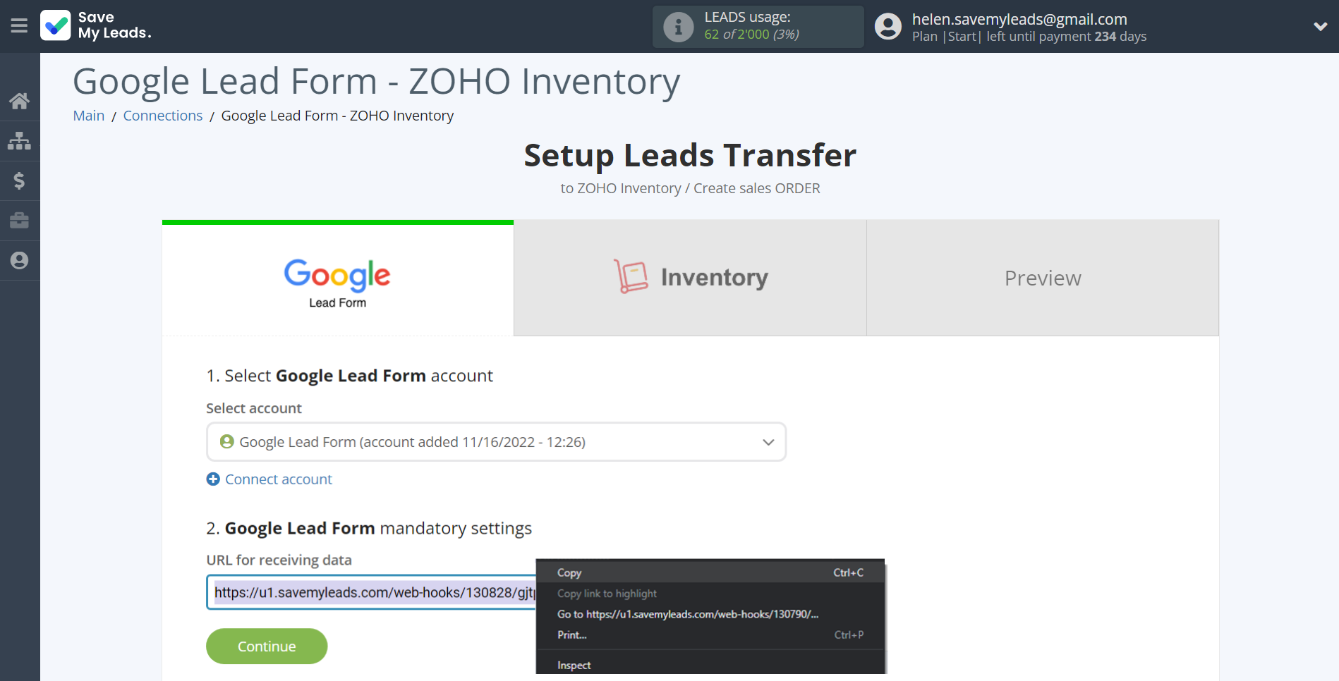 How to Connect Google Lead Form with Zoho Inventory Create sales Order | Data Source account connection