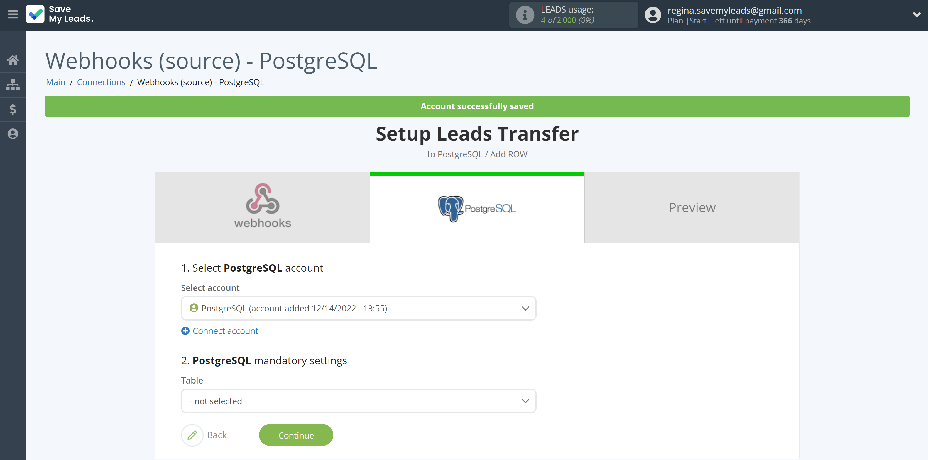 How to Connect Webhooks with PostgreSQL | Data Destination account selection