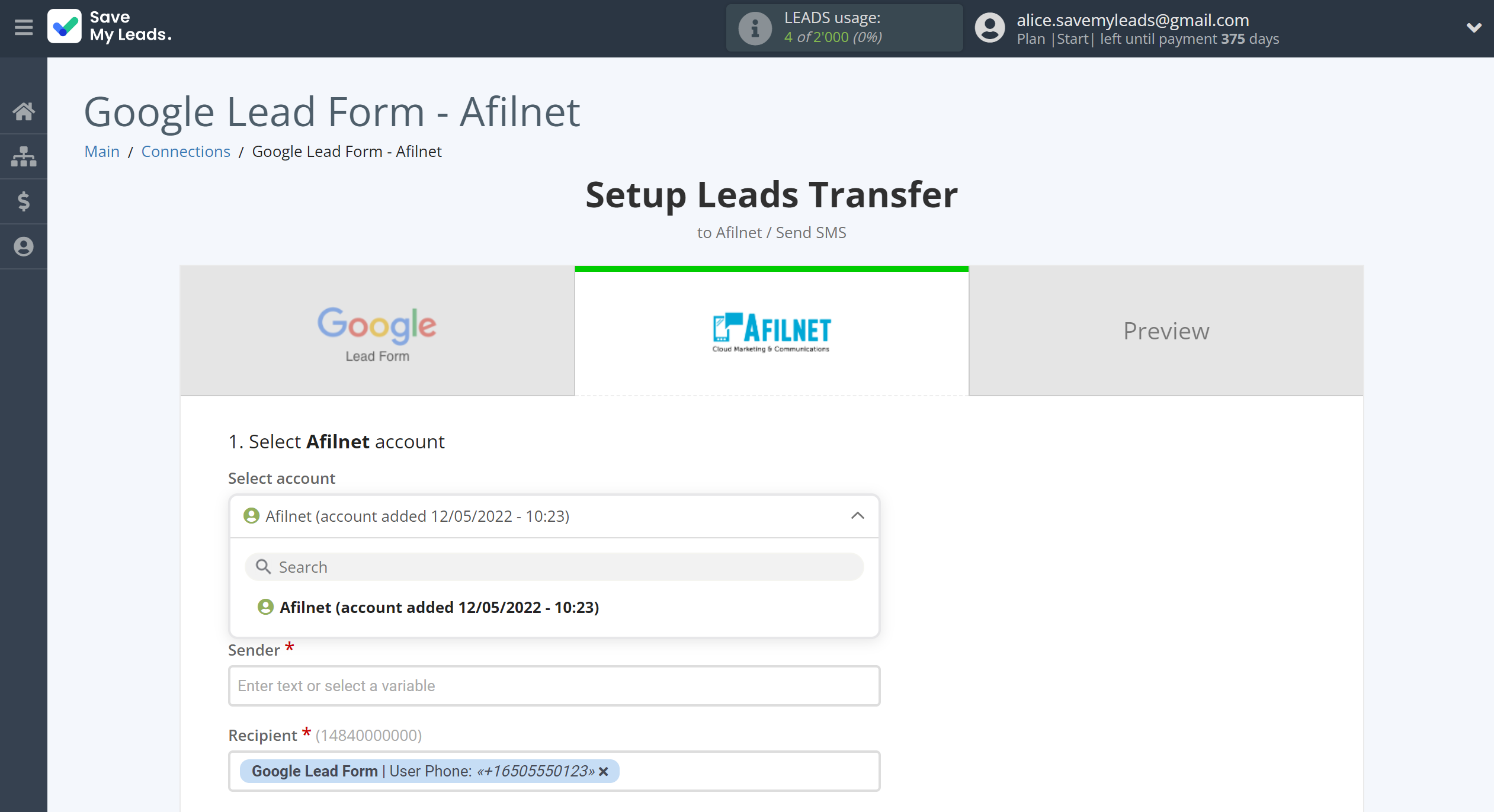 How to Connect Google Lead Form with Afilnet | Data Destination account selection