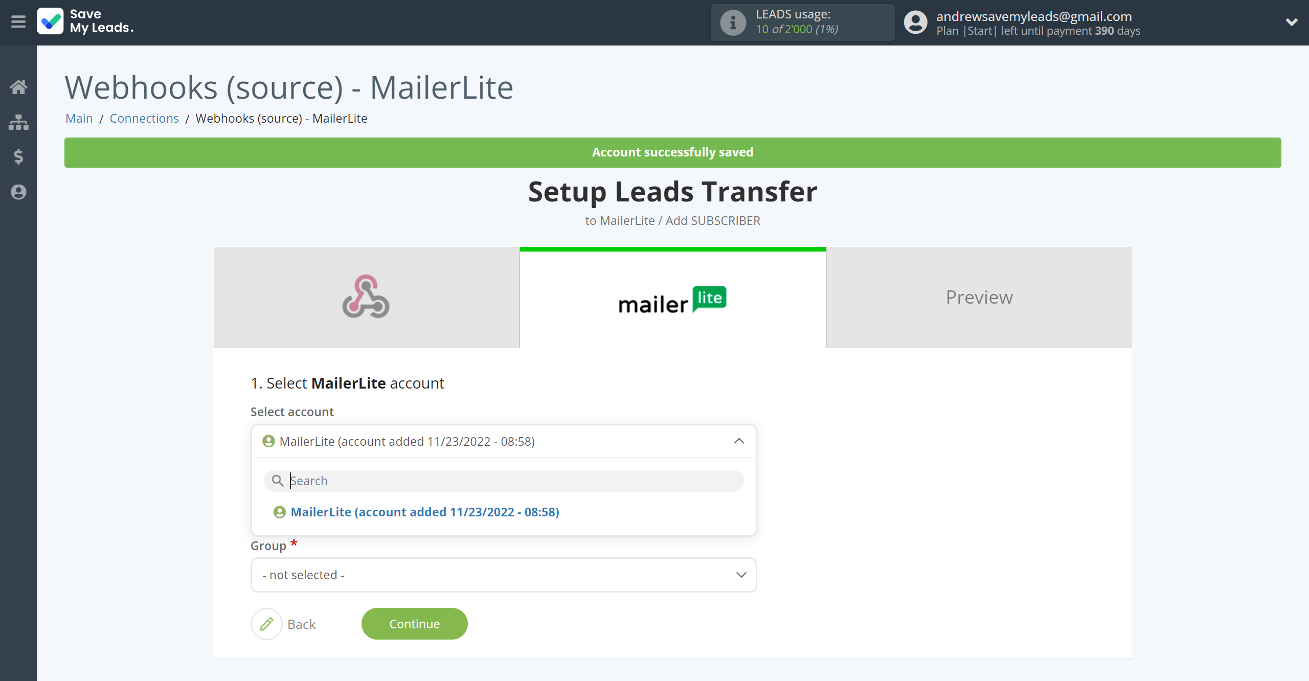 How to Connect Webhooks with MailerLite | Data Destination account selection