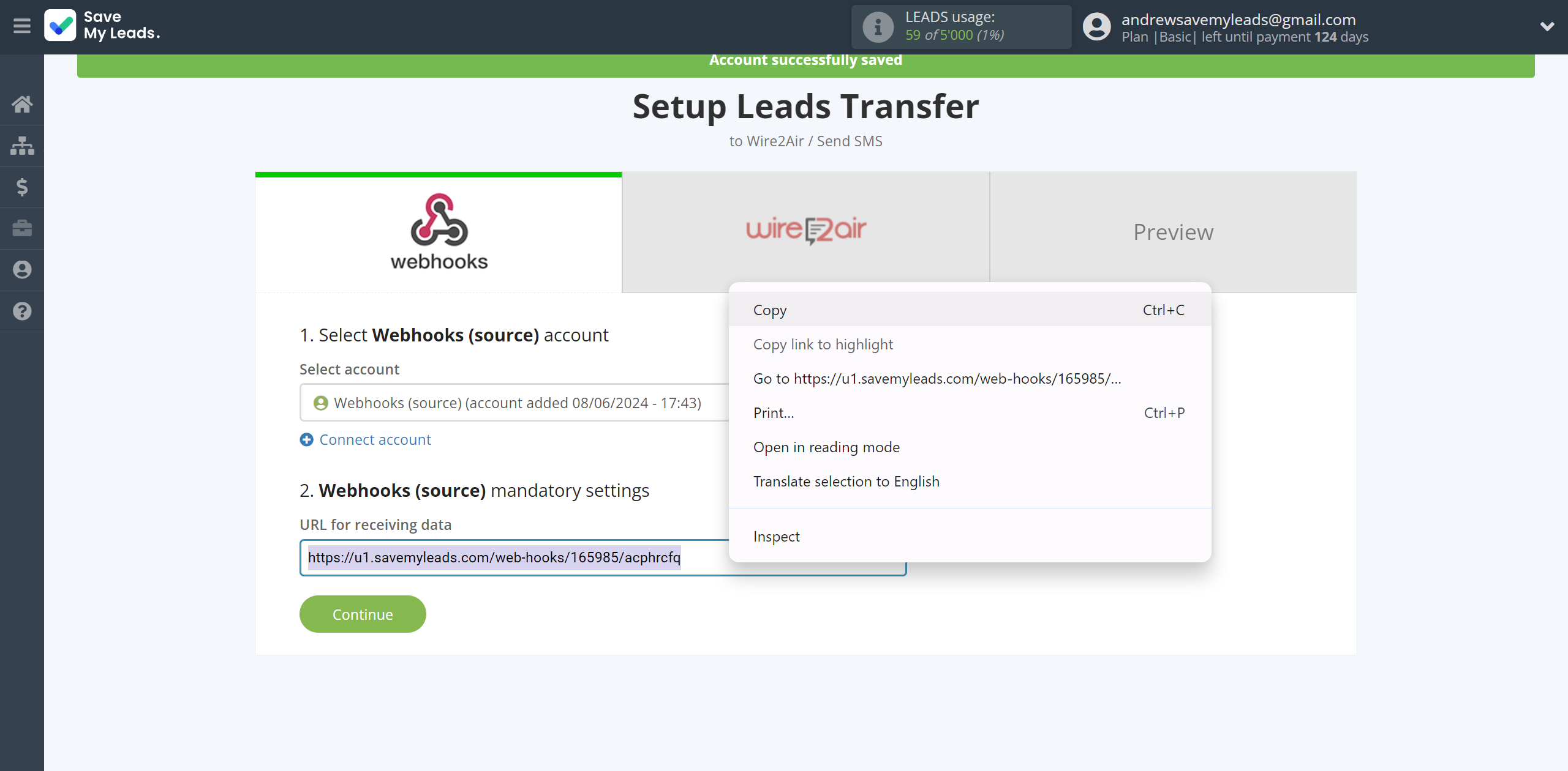 How to Connect Webhooks with Wire2Air | Data Source account connection