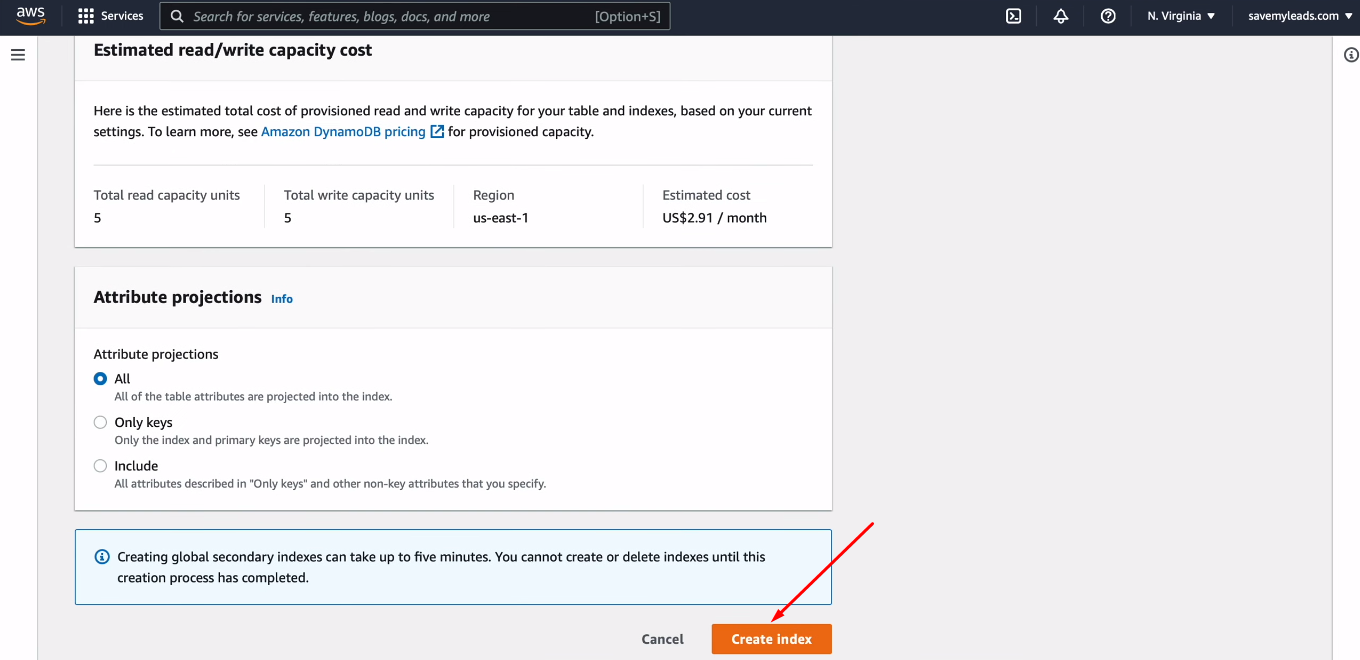 Facebook and Amazon DynamoDB integration | Click "Create index" Facebook and Amazon DynamoDB integration | Click "Create index"
