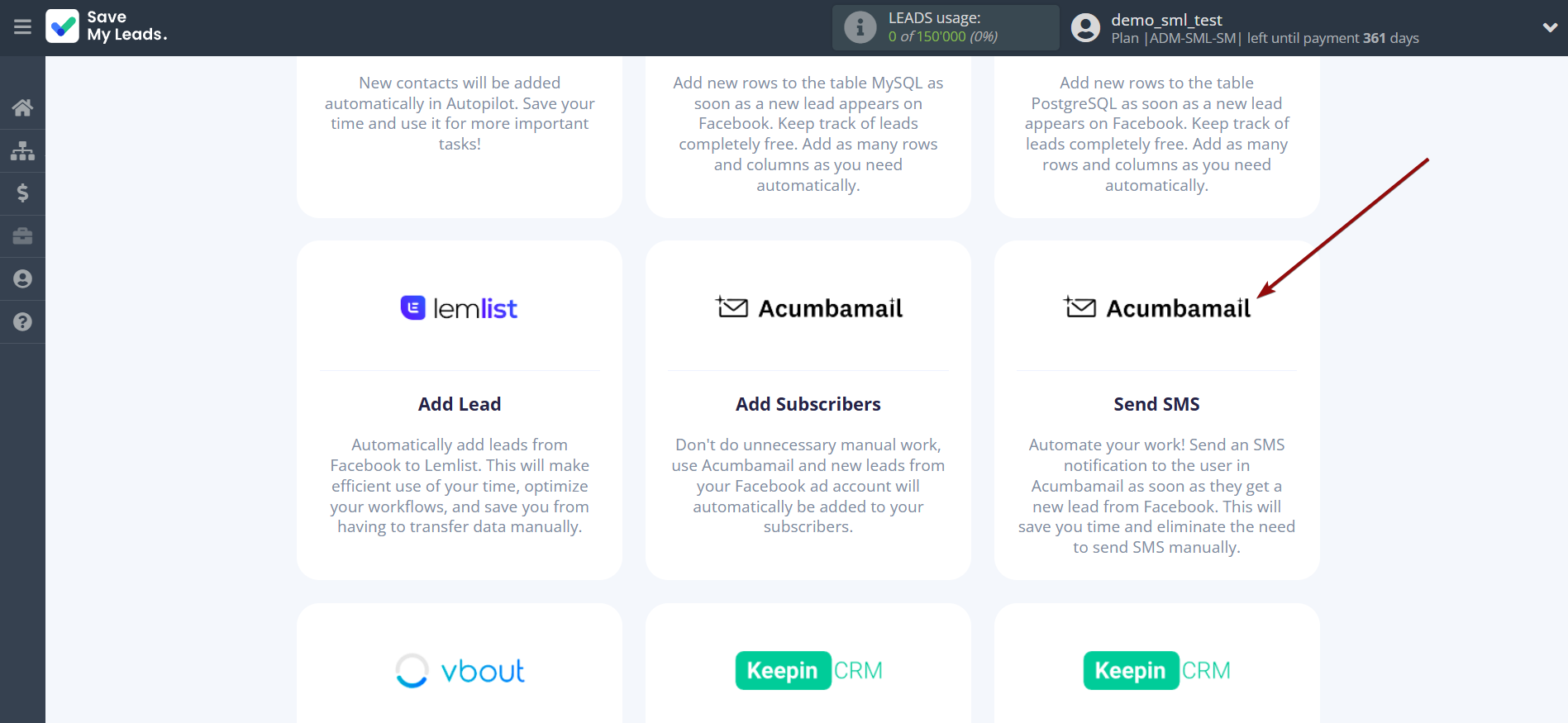 How to Connect Facebook with Acumbamail Send SMS | Data Destination system selection