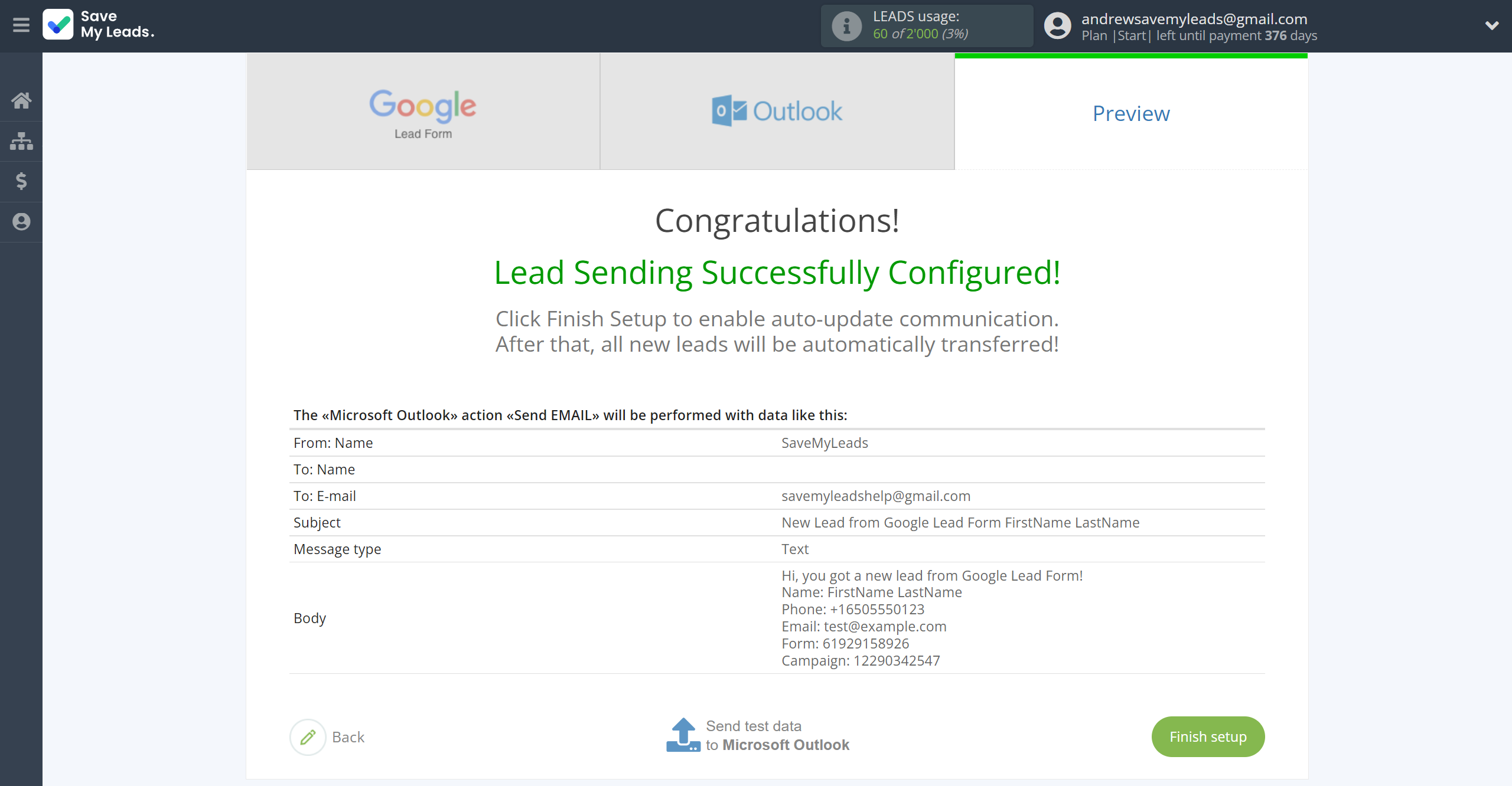 How to Connect Google Lead Form with Microsoft Outlook | Test data