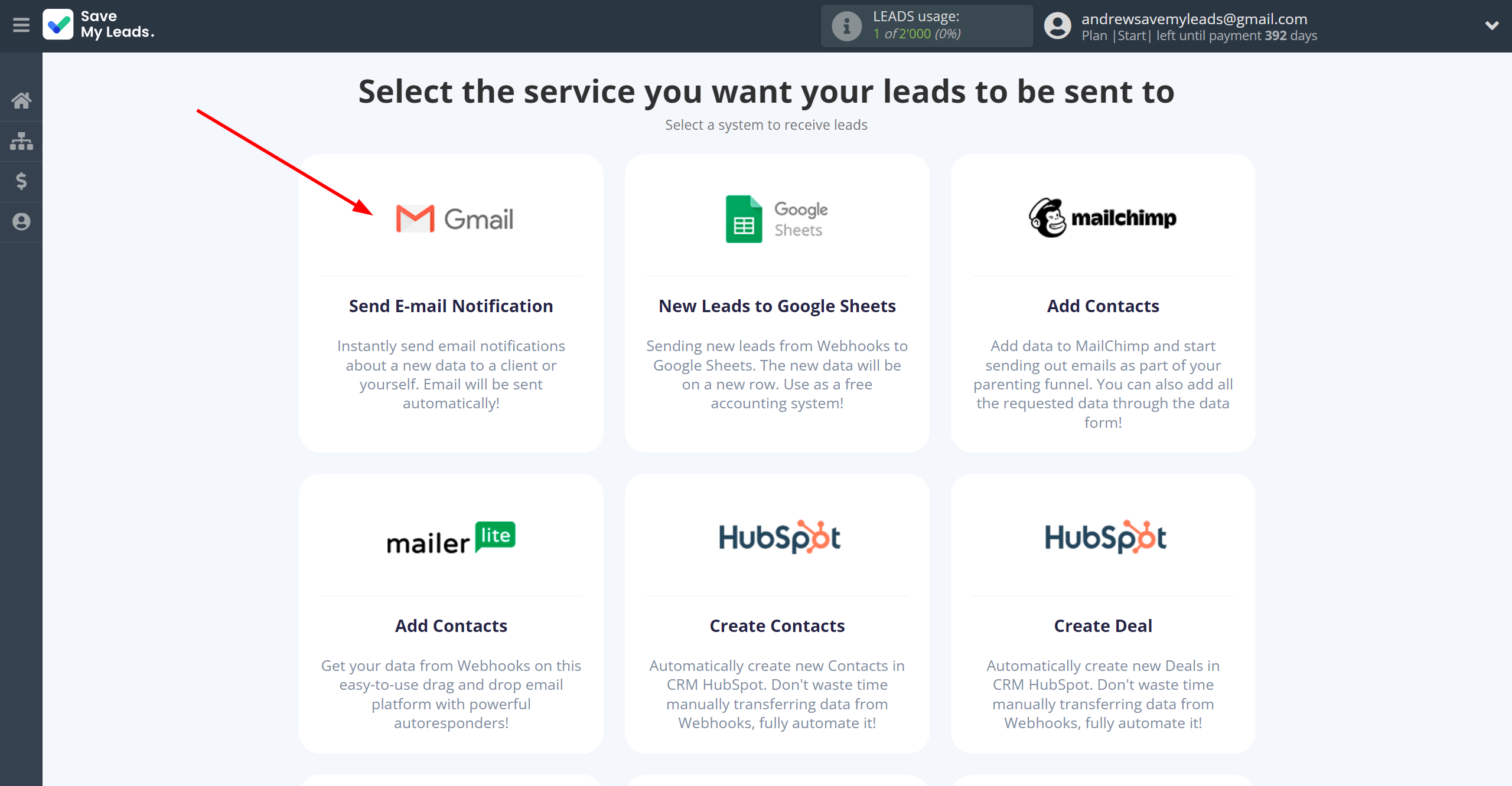 How to Connect Webhooks with Gmail | Data Destination system selection