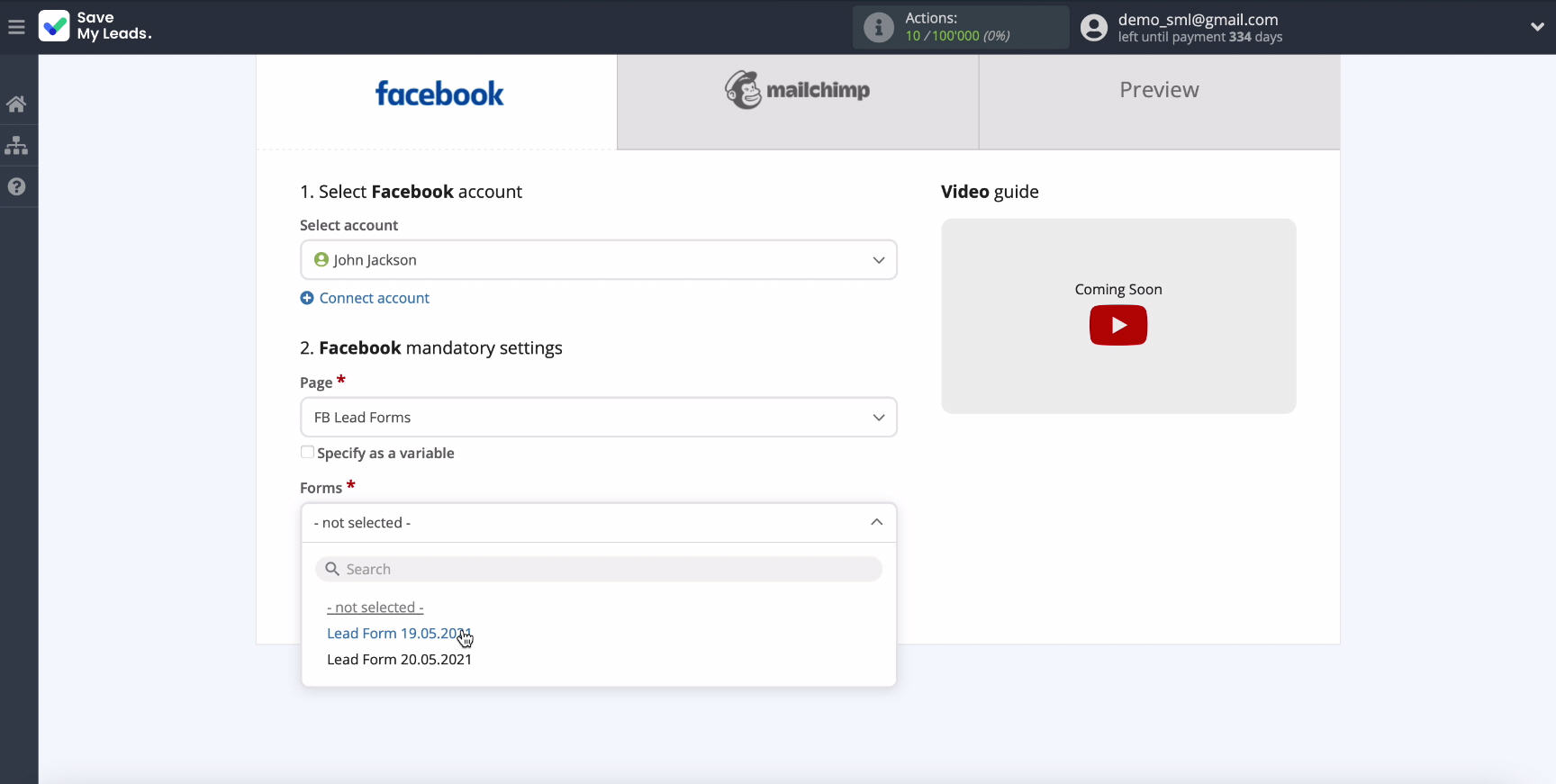 MailChimp and Facebook integration | Specify the forms MailChimp and Facebook integration | Specify the forms