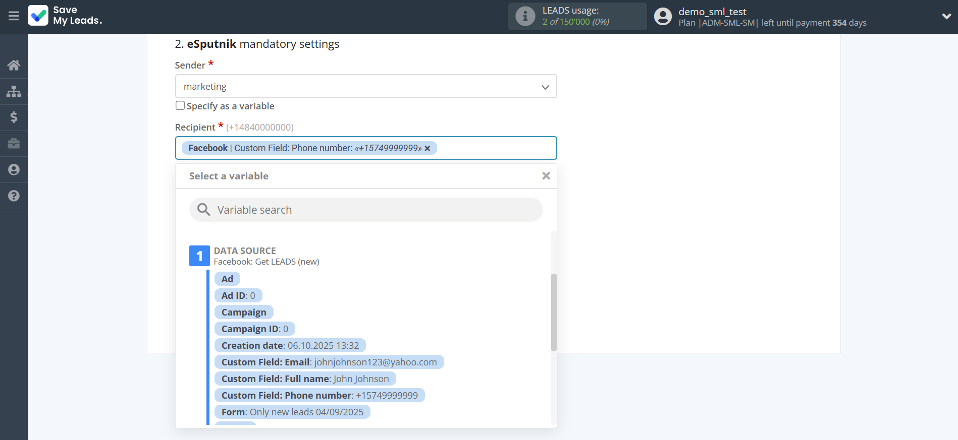 How to Connect Facebook with eSputnik Send SMS | Assigning fields How to Connect Facebook with eSputnik Send SMS | Assigning fields