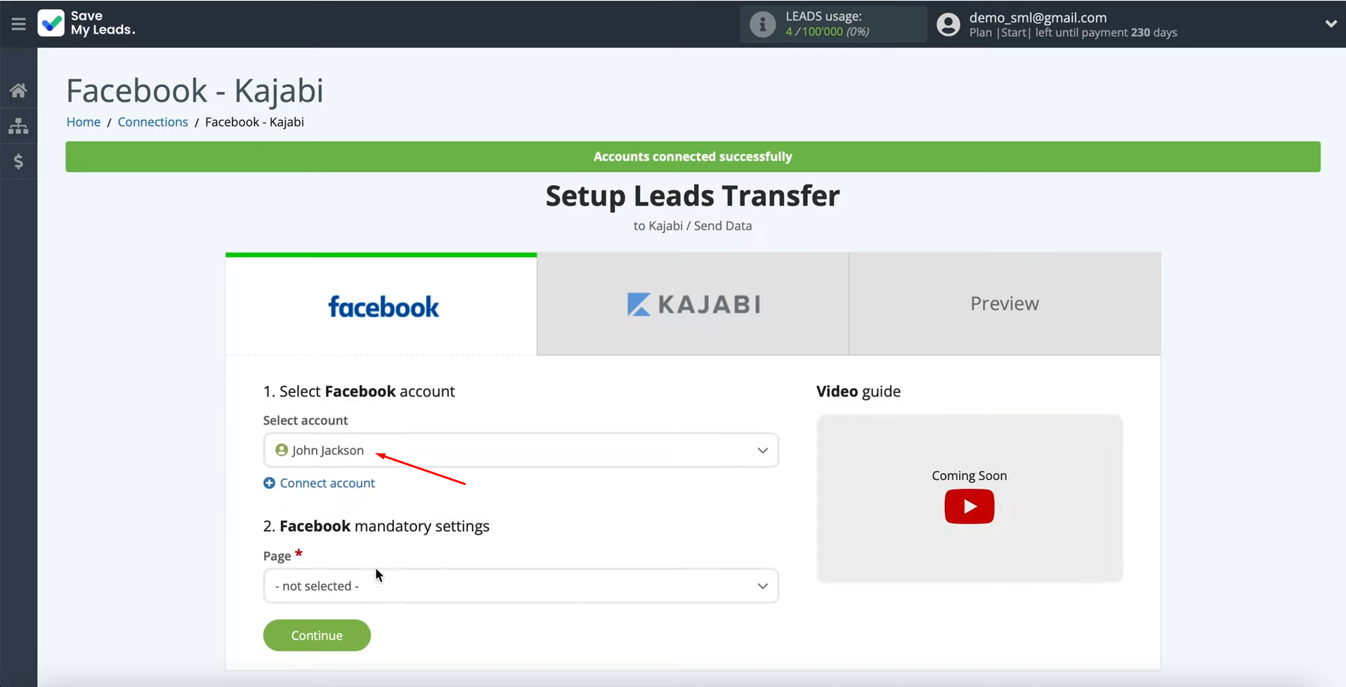 Facebook Leads Ads and Kajabi integration | Select the connected account