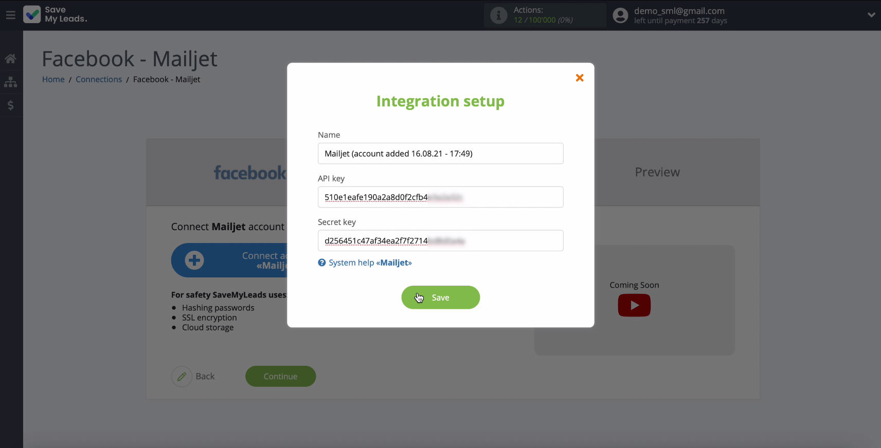 Facebook and Mailjet integration | Fill in the API Key and Secret Key fields and click Save