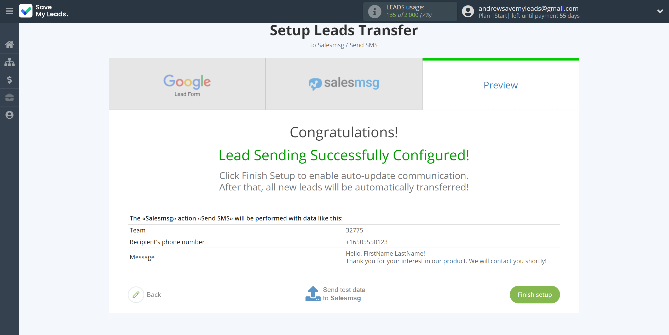 How to Connect Google Lead Form with Salesmsg | Test data