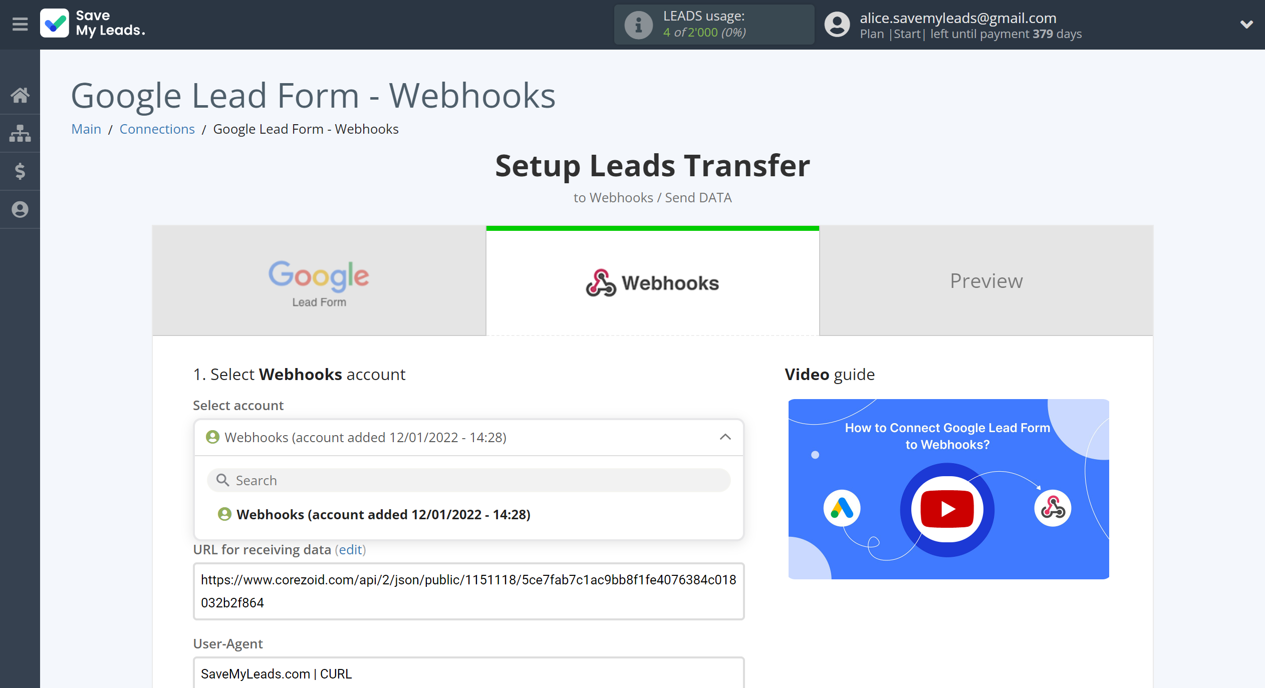 How to Connect Google Lead Form with Webhooks | Data Destination account selection