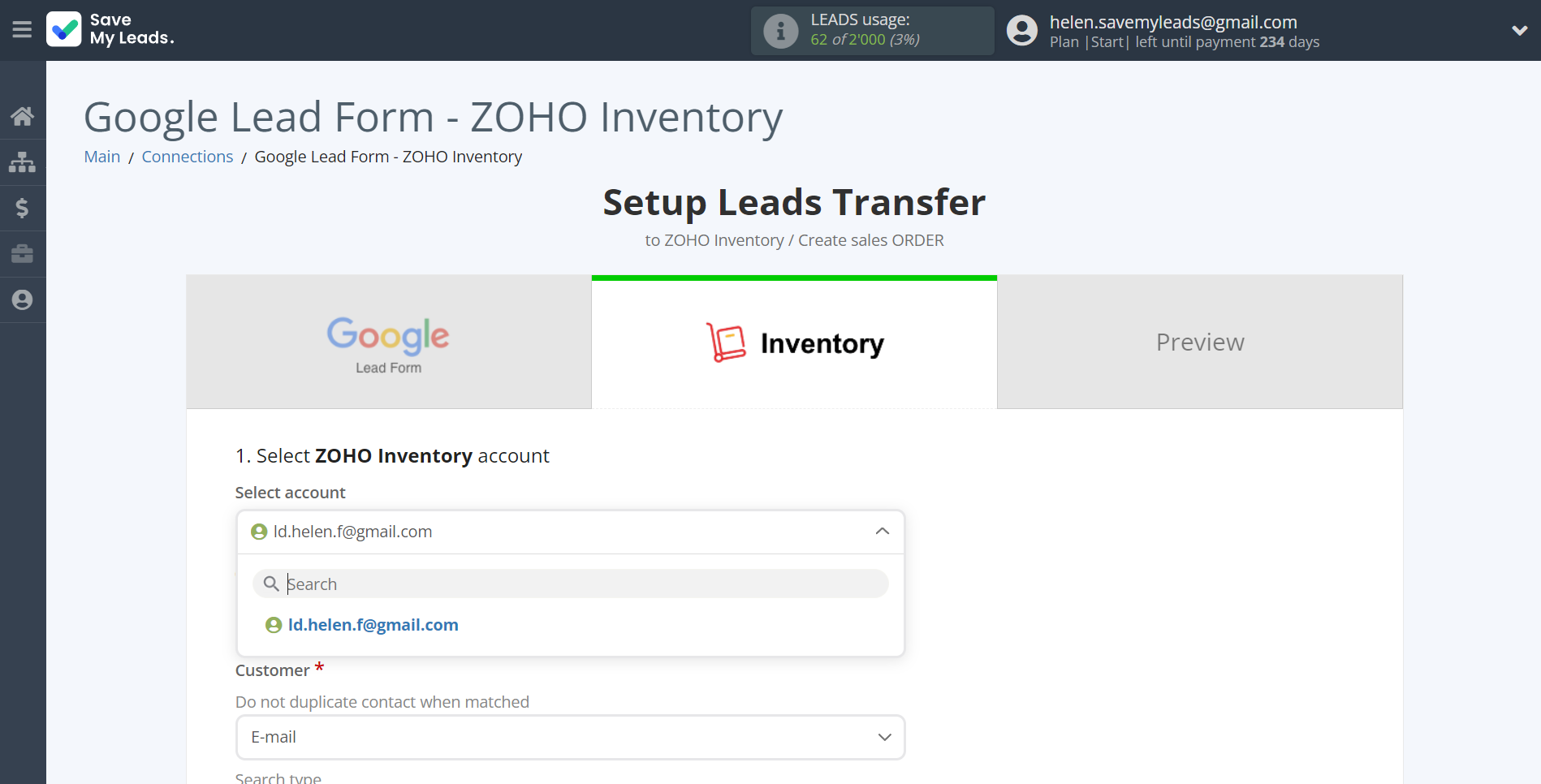 How to Connect Google Lead Form with Zoho Inventory Create sales Order | Data Destination account selection