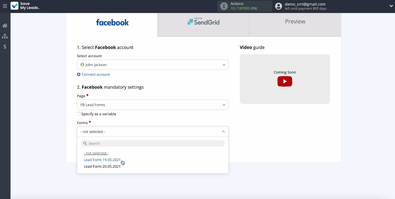 Facebook and SendGrid integration | Enter the data Facebook and SendGrid integration | Enter the data