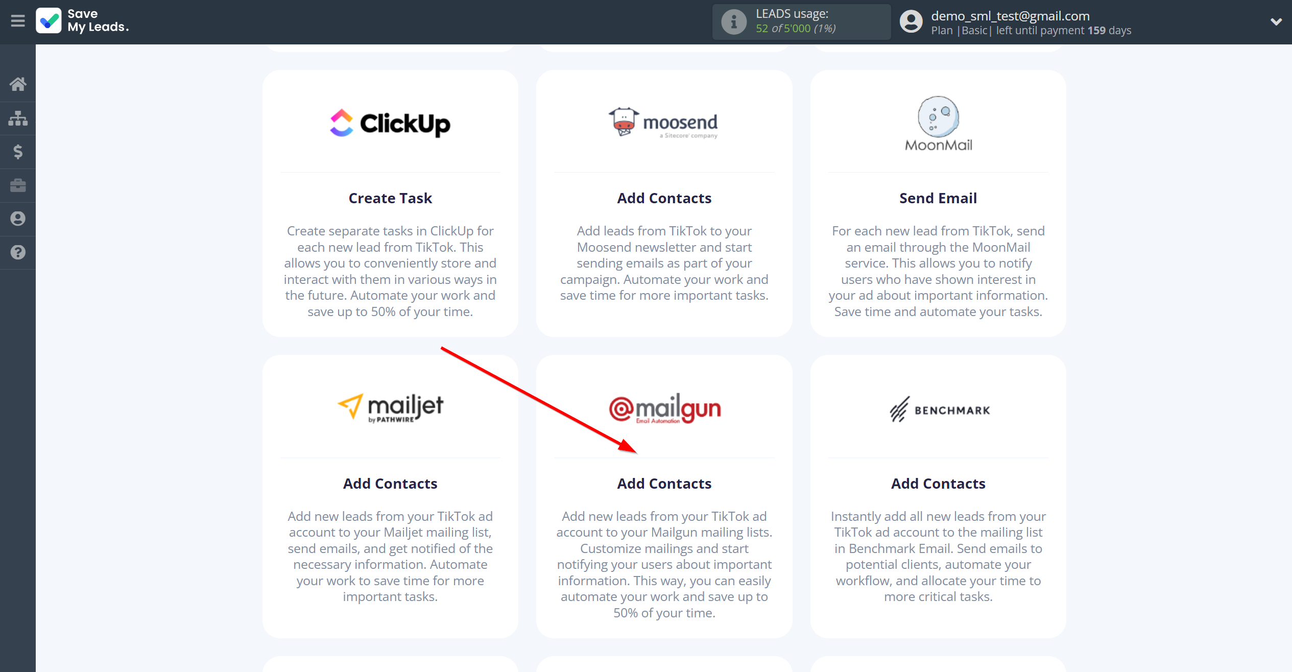 How to Connect TikTok with Mailgun | Data Destination system selection