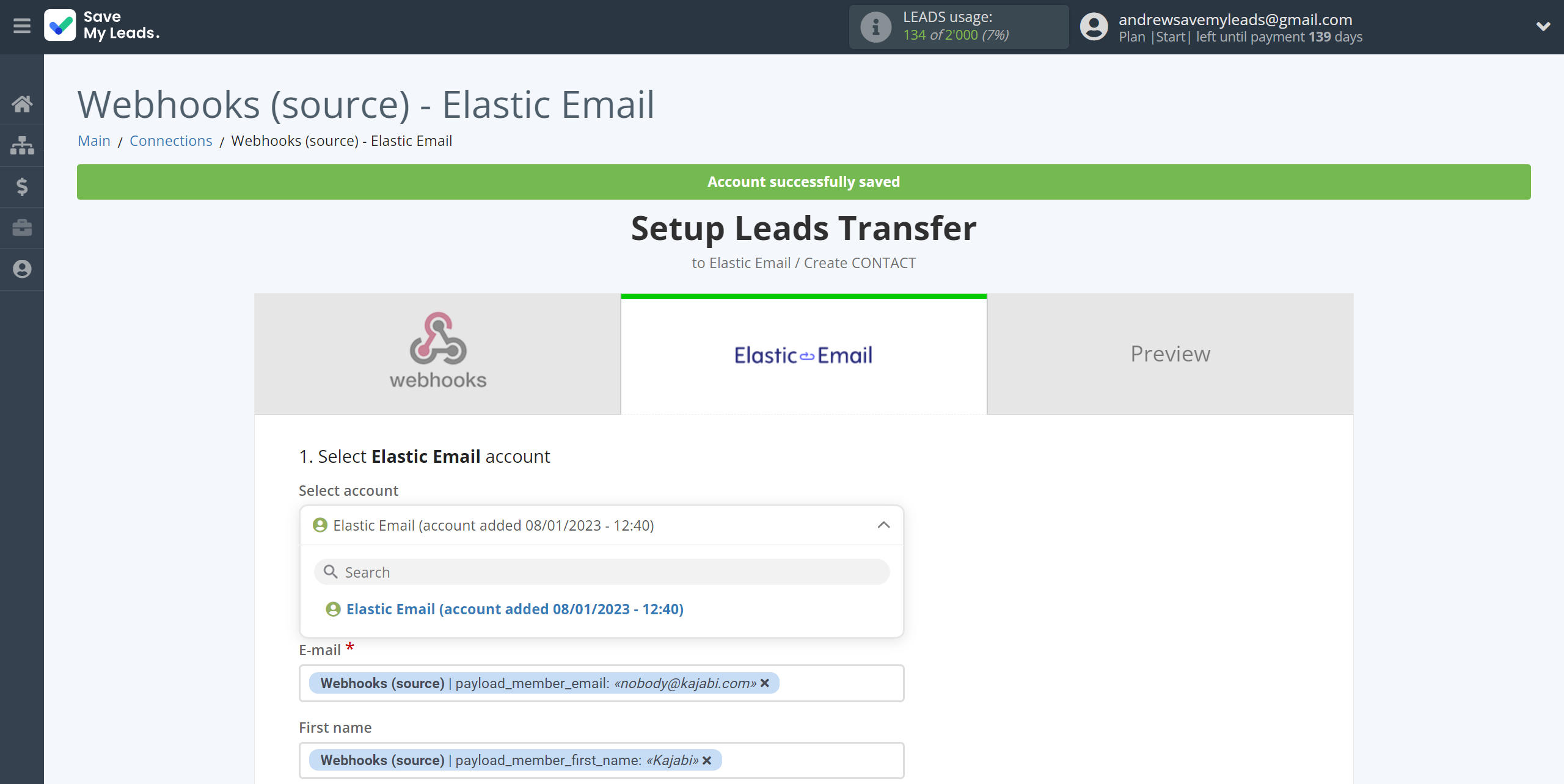 How to Connect Webhooks with Elastic Email Create Contacts | Data Destination account selection