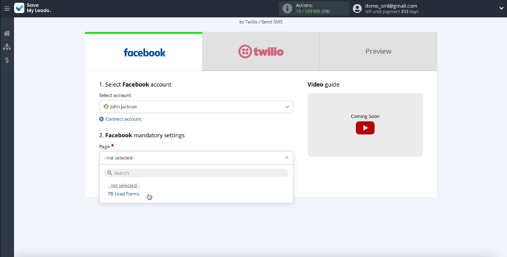 Facebook and Twilio integration | Choosing an ad page