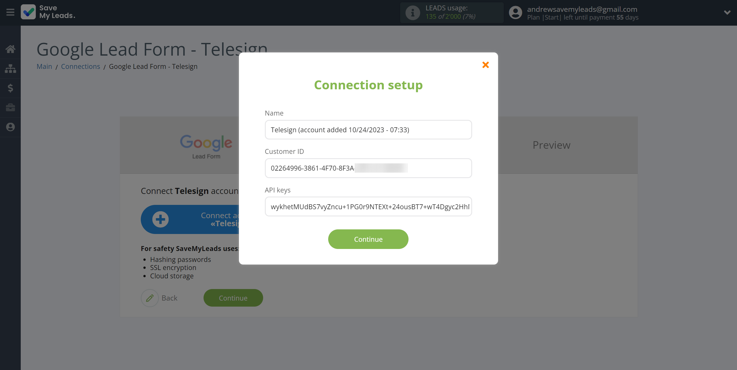 How to Connect Google Lead Form with Telesign | Data Destination account connection