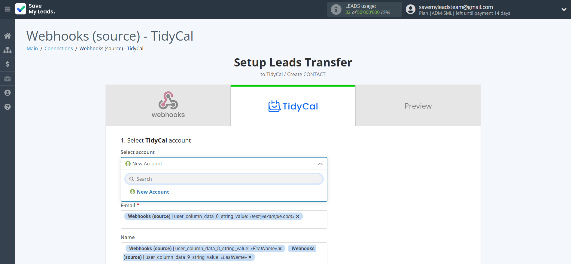 How to Connect Webhooks with TidyCal Create Contacts | Data Destination account selection How to Connect Webhooks with TidyCal Create Contacts | Data Destination account selection