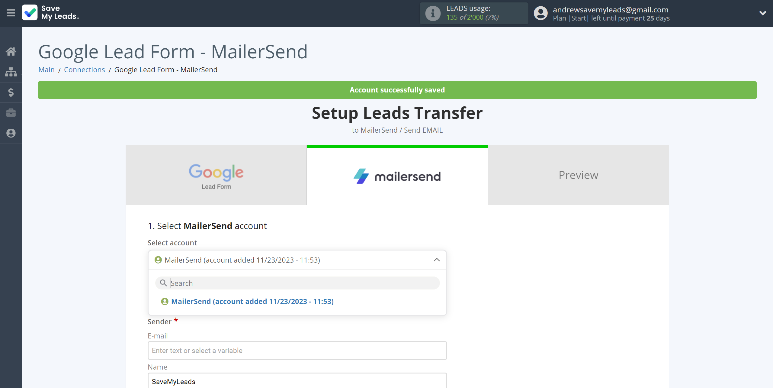 How to Connect Google Lead Form with MailerSend Send Email | Data Destination account selection