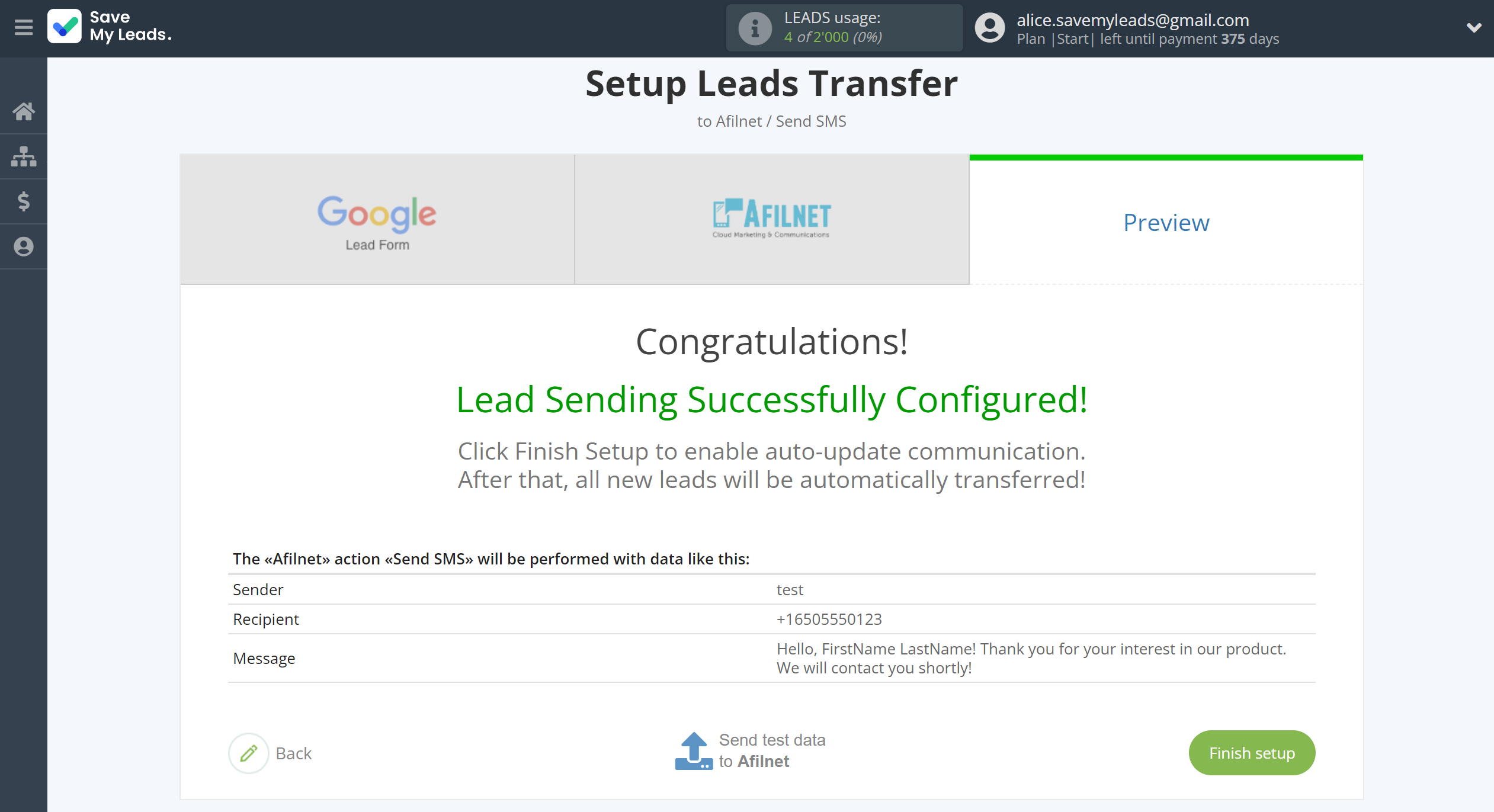 How to Connect Google Lead Form with Afilnet | Test data