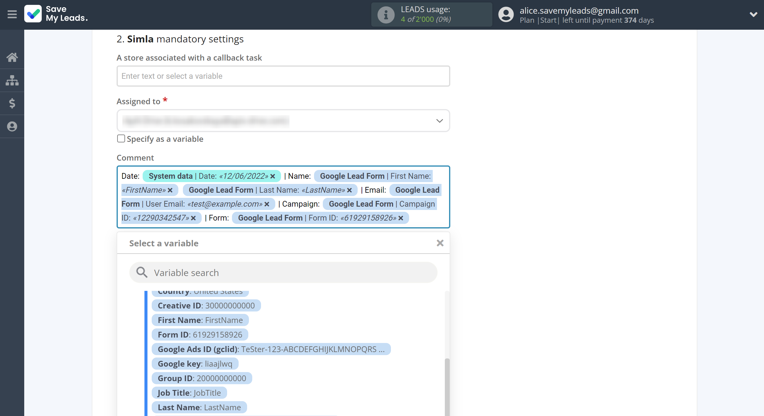 How to Connect Google Lead Form with Simla Create Task | Assigning fields